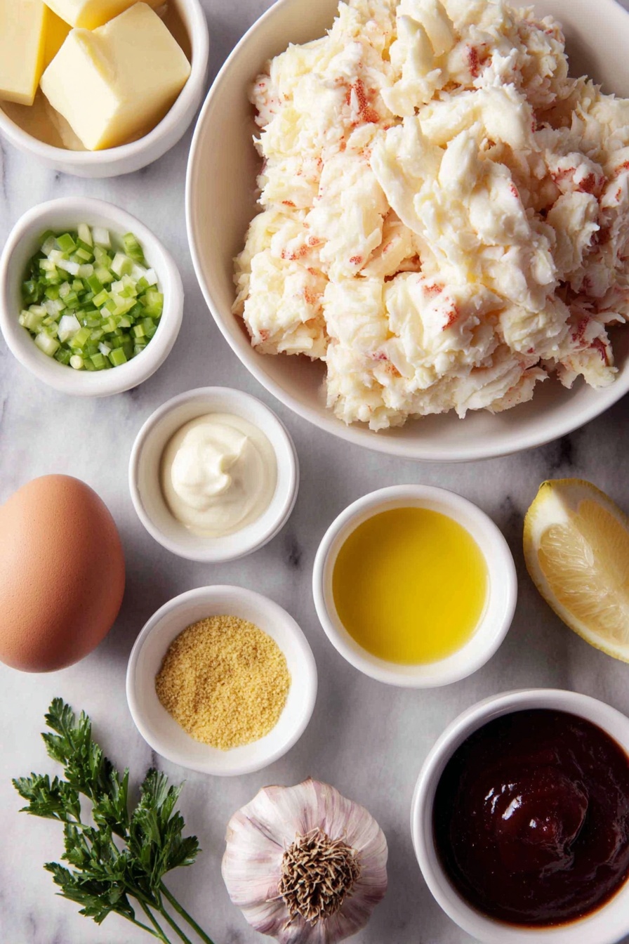 Crab Cake Poppers with Spicy Aioli, crab cake appetizers, spicy aioli dip, easy party snacks, seafood appetizer ideas - Flat lay of fresh jumbo lump crab meat, two tablespoons golden butter, a small white bowl of diced bright green onions, a small white bowl of diced vibrant red bell pepper, a small white bowl of diced pale green celery, a few sprigs of fresh green parsley, one whole uncracked brown egg, a small white bowl of creamy white mayonnaise, a small white bowl of dark Worcestershire sauce, a small white bowl of bright yellow dry mustard powder, a small white bowl of reddish cayenne pepper powder, a small white bowl with golden panko breadcrumbs, a small white bowl with clear golden canola oil, a small white bowl of pale yellow lemon juice, one fresh whole garlic clove, a small white bowl of deep red chili sauce, all arranged symmetrically on a clean white marble surface, soft natural light, photo taken with an iPhone, professional food photography style, fresh ingredients, white ceramic bowls, no bottles, no duplicates, no utensils, no packaging --ar 2:3 --v 7 --p m7354615311229779997