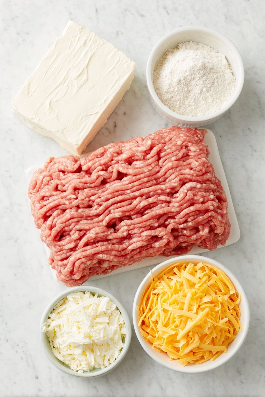 Cream Cheese Sausage Balls, sausage ball recipe, cheesy sausage bites, easy appetizer recipes, crowd-pleasing snacks - Flat lay of a small mound of fresh hot pork sausage, an uncut block of creamy white cream cheese, a small white ceramic bowl filled with pale Bisquick baking mix, a small white bowl heaped with bright orange shredded cheddar cheese, placed on a clean white marble surface, soft natural light, photo taken with an iPhone, professional food photography style, fresh ingredients, white ceramic bowls, no bottles, no duplicates, no utensils, no packaging --ar 2:3 --v 7 --p m7354615311229779997