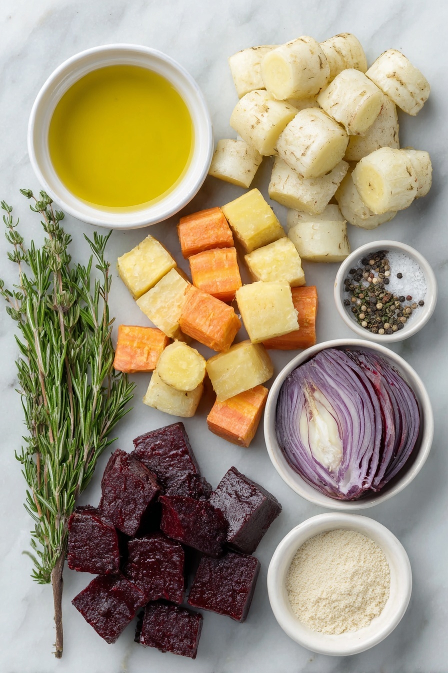 Roasted Root Vegetables, roasted root vegetables recipe, healthy roasted vegetables, seasonal vegetable side dish, easy roasted vegetable recipe - Flat lay of peeled and sliced bright orange carrots, peeled and sliced creamy white parsnips, deep red cubed beets, cubed orange sweet potato, separated layers of purple-red red onion, fresh sprigs of green rosemary, fresh sprigs of thyme, a small white ceramic bowl of golden olive oil, a small white ceramic bowl of coarse sea salt, a small white ceramic bowl of black peppercorns, a small white ceramic bowl of pale beige garlic powder, all arranged symmetrically in perfect balance, placed on a clean white marble surface, soft natural light, photo taken with an iPhone, professional food photography style, fresh ingredients, white ceramic bowls, no bottles, no duplicates, no utensils, no packaging --ar 2:3 --v 7 --p m7354615311229779997