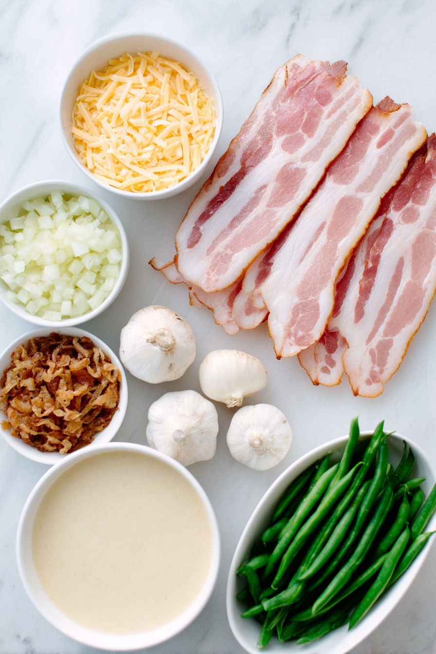 Green Bean Casserole with Bacon and Mushrooms, green bean casserole with bacon and mushrooms, cheesy green bean casserole, bacon mushroom green bean bake, comfort green bean casserole - Flat lay of six strips of crispy bacon, half a yellow onion finely diced in a small white bowl, a small white bowl of chopped fresh button mushrooms, three whole garlic cloves unpeeled, two small white bowls filled with thick cream of mushroom soup, a small white bowl of milk, a small white bowl with shredded Monterey Jack cheese, a few whole green beans fresh and bright, a small white bowl filled with crispy French fried onions, salt and pepper in small white bowls, all ingredients fresh and natural, perfectly arranged with balanced spacing, placed on a clean white marble surface, soft natural light, photo taken with an iPhone, professional food photography style, fresh ingredients, white ceramic bowls, no bottles, no duplicates, no utensils, no packaging --ar 2:3 --v 7 --p m7354615311229779997