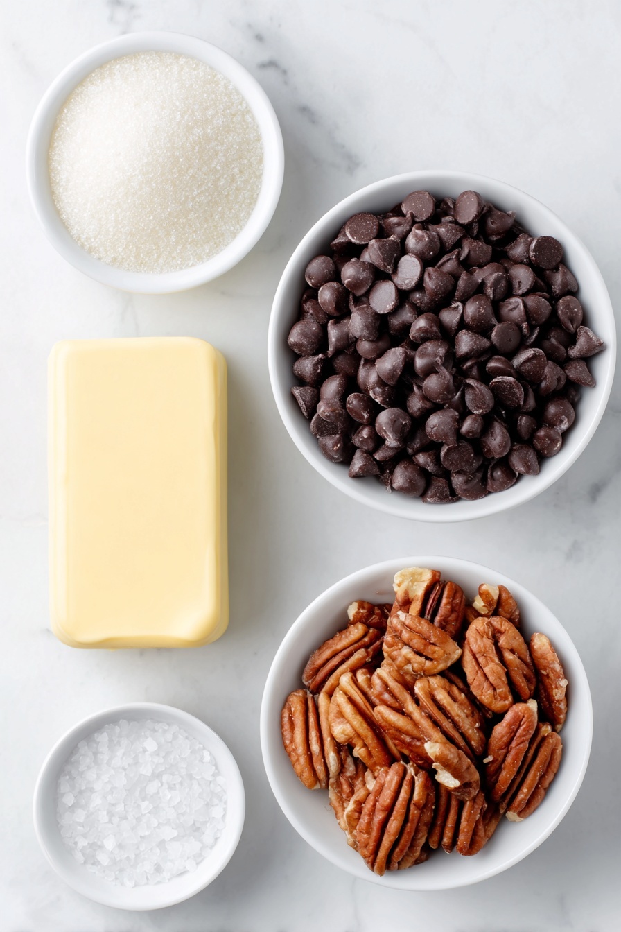 English Toffee with Chocolate and Nuts, easy toffee recipe, homemade toffee bites, crunchy toffee with chocolate, nutty caramel toffee - Flat lay of a small block of pale yellow butter, a simple white ceramic bowl filled with granulated white sugar, a tiny white ceramic bowl holding fine salt crystals, a white ceramic bowl heaped with glossy semi-sweet chocolate chips, a neat pile of finely chopped mixed almonds and pecans on the white surface, all arranged with perfect symmetry, placed on a clean white marble surface, soft natural light, photo taken with an iPhone, professional food photography style, fresh ingredients, white ceramic bowls, no bottles, no duplicates, no utensils, no packaging --ar 2:3 --v 7 --p m7354615311229779997