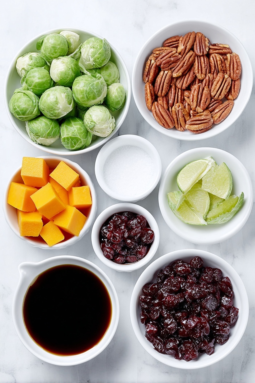 Winter Vegetable Salad with Roasted Squash and Brussels, healthy winter salad recipes, seasonal vegetable salad, roasted squash and Brussels sprouts salad, festive winter greens - Flat lay of fresh raw Brussels sprouts cut in half, bright cubed butternut squash, two whole unpeeled red beets, a small white ceramic bowl filled with glossy pecan halves, another small white bowl with plump dried cranberries, a small white bowl containing amber maple syrup, a small white bowl of freshly squeezed lime juice, and a small white bowl holding thick dark balsamic glaze, all arranged in perfect symmetry on a clean white marble surface, soft natural light, photo taken with an iPhone, professional food photography style, fresh ingredients, white ceramic bowls, no bottles, no duplicates, no utensils, no packaging --ar 2:3 --v 7 --p m7354615311229779997