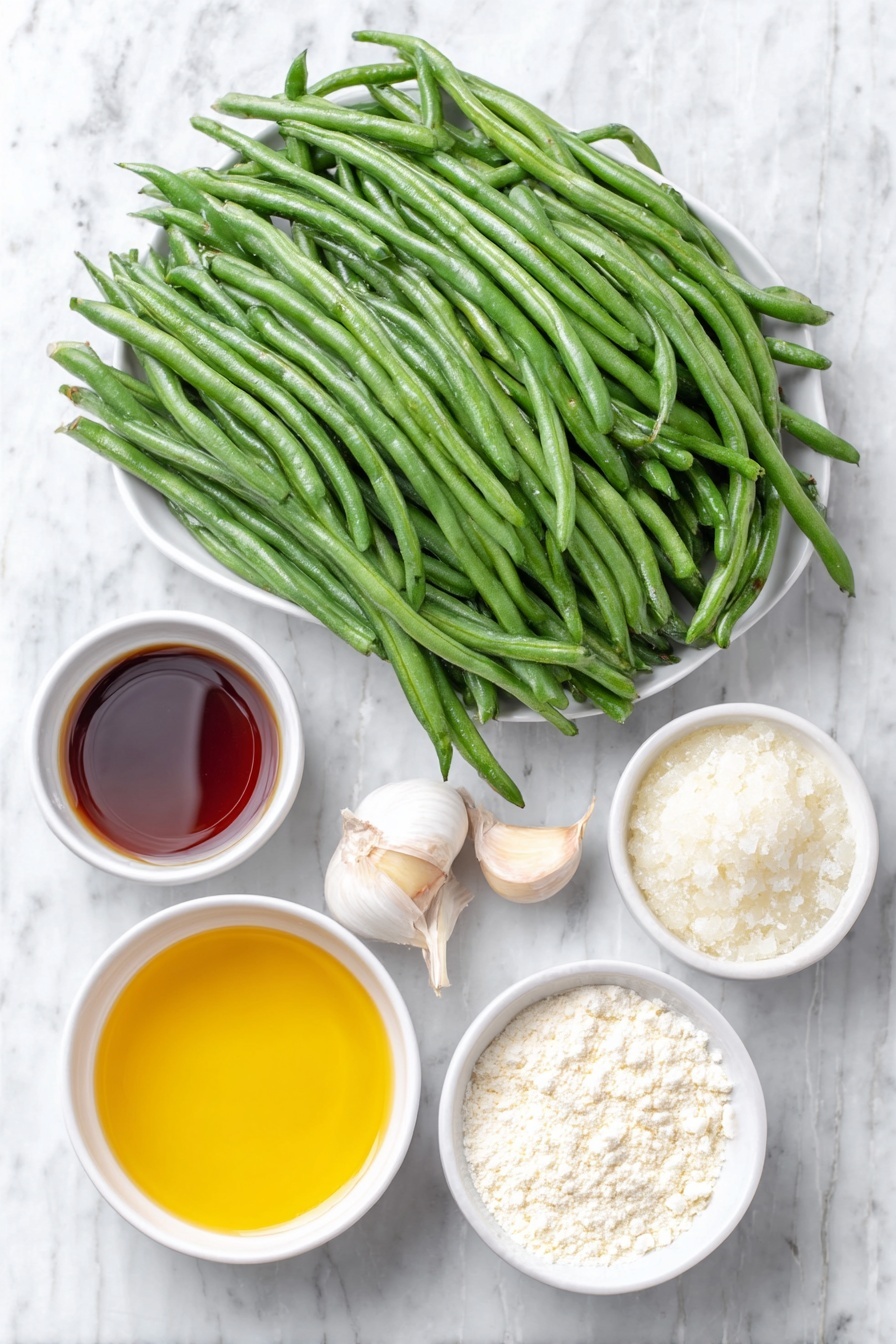 Garlic Green Beans Stir Fry, healthy vegetable side, quick green bean recipes, easy stir fry ideas, garlic vegetable stir fry - Flat lay of fresh whole green beans with trimmed ends neatly arranged, two cloves of whole unpeeled garlic, a small white ceramic bowl of dark soy sauce, a small white ceramic bowl filled with clear golden chicken broth, a small white ceramic bowl of light beige cornstarch powder, a small white ceramic bowl holding amber sesame oil, and a small white ceramic bowl of golden peanut oil placed symmetrically, all ingredients fresh and natural, placed on a clean white marble surface, soft natural light, photo taken with an iPhone, professional food photography style, fresh ingredients, white ceramic bowls, no bottles, no duplicates, no utensils, no packaging --ar 2:3 --v 7 --p m7354615311229779997