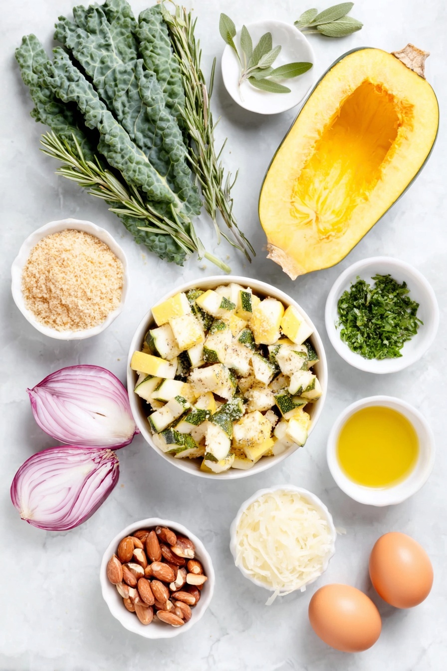 Autumn Caesar Salad with Roasted Delicata Squash, seasonal fall salad recipes, roasted delicata squash salads, healthy fall lunch ideas, easy autumn salads - Flat lay of a bunch of dark green shredded kale leaves, a large shallot thinly sliced showing its purple rings, half a bright yellow lemon cut to display the juicy pulp, a medium delicata squash with creamy yellow skin and green stripes sliced into half-inch cubes, a small white ceramic bowl filled with golden olive oil, a small white ceramic bowl of light brown panko breadcrumbs, a small white ceramic bowl of finely grated pale parmesan cheese, a small white ceramic bowl with chopped fresh green rosemary, sage, and thyme herbs, a small white ceramic bowl of whole pine nuts, a small white ceramic bowl of creamy Caesar dressing, and three whole brown eggs with clean uncracked shells, all arranged symmetrically on a clean white marble surface, soft natural light, photo taken with an iPhone, professional food photography style, fresh ingredients, white ceramic bowls, no bottles, no duplicates, no utensils, no packaging --ar 2:3 --v 7 --p m7354615311229779997