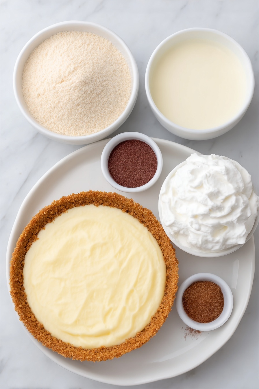 No-Bake Eggnog Pie, Eggnog Pie, Festive Holiday Desserts, Easy Holiday Pie, No-Bake Christmas Dessert - Flat lay of a golden graham cracker crust on a simple white ceramic plate, a small white bowl filled with smooth vanilla instant pudding powder, a small white bowl of creamy eggnog, a small white bowl of fluffy whipped cream, and a small white bowl containing a fine dusting of ground nutmeg, all arranged in perfect symmetry, placed on a clean white marble surface, soft natural light, photo taken with an iPhone, professional food photography style, fresh ingredients, white ceramic bowls, no bottles, no duplicates, no utensils, no packaging --ar 2:3 --v 7 --p m7354615311229779997