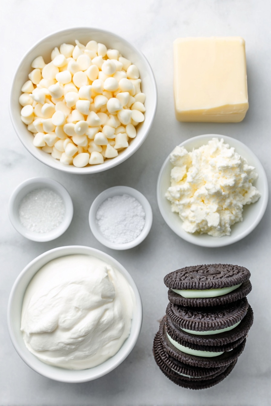 Mint Oreo White Chocolate Fudge, Mint Oreo Fudge, White Chocolate Oreo Candy, Easy Mint Fudge, No-Bake Oreo Fudge - Flat lay of a small pile of glossy white chocolate chips, a jar of fluffy white marshmallow cream in a simple white ceramic bowl, a stick of pale yellow butter on a clean white plate, a small white bowl filled with granulated white sugar, a small white bowl holding smooth heavy cream, a tiny white bowl with fine sea salt, a small white bowl containing clear pale green mint extract, and a neat stack of fresh, whole mint Oreo cookies with dark chocolate cookie halves and bright green mint cream visible, all arranged symmetrically on a clean white marble surface, soft natural light, photo taken with an iPhone, professional food photography style, fresh ingredients, white ceramic bowls, no bottles, no duplicates, no utensils, no packaging --ar 2:3 --v 7 --p m7354615311229779997