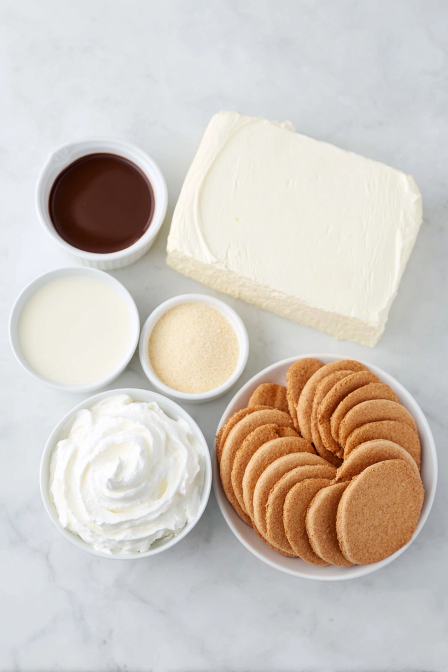 Rich Banana Pudding Dessert, Banana Pudding dessert recipe, creamy banana pudding, easy banana pudding, homemade banana pudding - Flat lay of a fresh peeled banana sliced into rounds, a large block of cream cheese with a smooth cut surface, a small white bowl filled with glossy sweetened condensed milk, a small white bowl with fine pale yellow vanilla instant pudding powder, a small white bowl of fresh milk, a small white bowl with clear vanilla extract, a small white bowl holding fluffy white whipped topping, and a neat stack of golden Nilla wafers arranged in a simple white ceramic bowl, placed on a clean white marble surface, soft natural light, photo taken with an iPhone, professional food photography style, fresh ingredients, white ceramic bowls, no bottles, no duplicates, no utensils, no packaging --ar 2:3 --v 7 --p m7354615311229779997