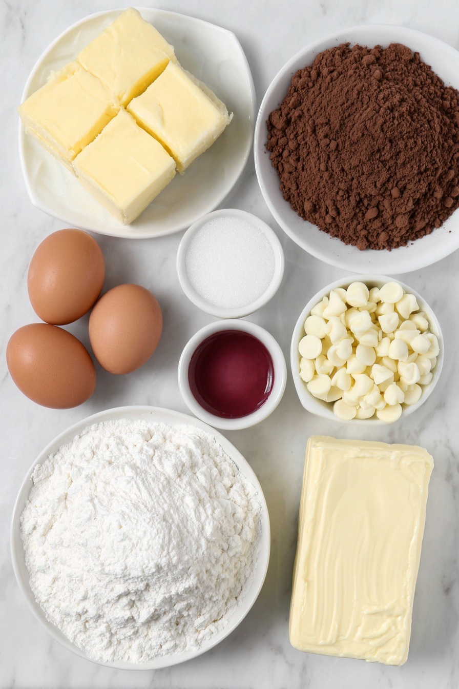 Cheesecake Stuffed Red Velvet Cookies, red velvet cookies with cheesecake filling, cheesecake stuffed cookies recipe, gooey red velvet dessert, decadent cheesecake cookies - Flat lay of a small pile of barely softened pale yellow butter, two whole uncracked brown eggs with clean shells, a few heaping tablespoons of smooth unsweetened cocoa powder on a white ceramic plate, a neat mound of rich brown packed brown sugar, a smaller heap of fine white granulated sugar, a small white bowl filled with bright red food coloring gel, a tall stack of white all-purpose flour, a scattering of white chocolate chips, a block of creamy off-white cream cheese, a small white bowl of fine powdered sugar, and a small white bowl containing clear vanilla extract, all arranged with perfect symmetry and balanced spacing, placed on a clean white marble surface, soft natural light, photo taken with an iPhone, professional food photography style, fresh ingredients, white ceramic bowls, no bottles, no duplicates, no utensils, no packaging --ar 2:3 --v 7 --p m7354615311229779997