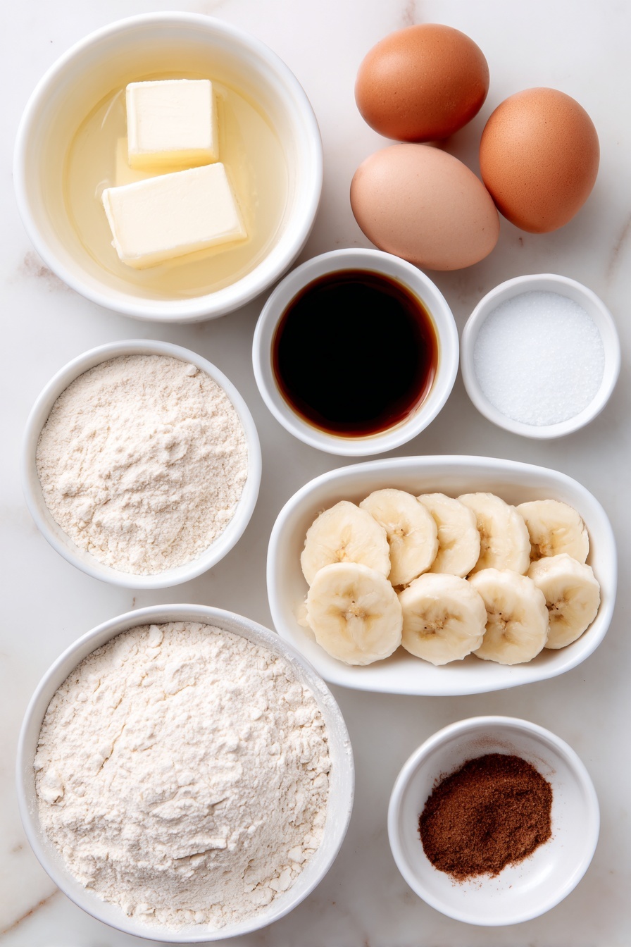 Cinnamon Swirl Banana Bread, moist banana bread with cinnamon, homemade banana bread with cinnamon swirl, easy cinnamon banana bread recipe, flavorful banana bread - Flat lay of two sticks of unsalted butter melted in a small white ceramic bowl, a small white bowl of granulated sugar, two whole uncracked brown eggs, a small white bowl of vanilla extract, a small white bowl of all-purpose flour, a small white bowl of baking soda, a small white bowl of mashed ripe bananas, a small white bowl with a mixture of melted butter, granulated sugar, dark brown sugar, and ground cinnamon, six thin slices of ripe banana arranged neatly on a white ceramic plate placed on a clean white marble surface, soft natural light, photo taken with an iPhone, professional food photography style, fresh ingredients, white ceramic bowls, no bottles, no duplicates, no utensils, no packaging --ar 2:3 --v 7 --p m7354615311229779997
