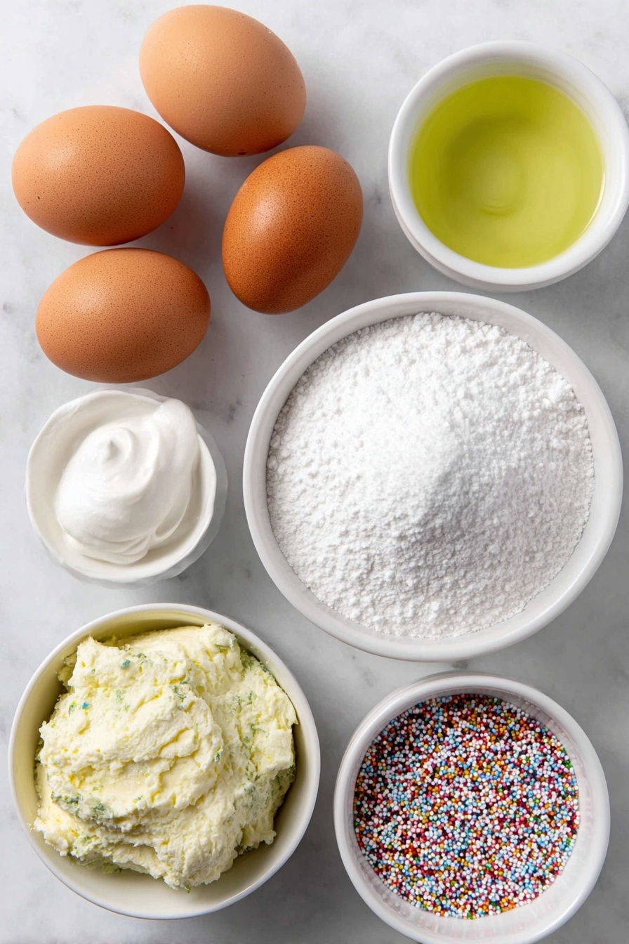 Green Christmas Meringues Best Christmas Meringues Festive Holiday Meringue Treats Easy Holiday Desserts - Flat lay of four whole brown eggs with clean shells, a small white ceramic bowl filled with fine white granulated sugar, a small white ceramic bowl containing white cream of tartar powder, a small white ceramic bowl holding clear pure vanilla extract, a small white ceramic bowl with bright green food gel, and a small white ceramic bowl filled with colorful assorted sprinkles, all arranged in perfect symmetry on a clean white marble surface, soft natural light, photo taken with an iPhone, professional food photography style, fresh ingredients, white ceramic bowls, no bottles, no duplicates, no utensils, no packaging --ar 2:3 --v 7 --p m7354615311229779997