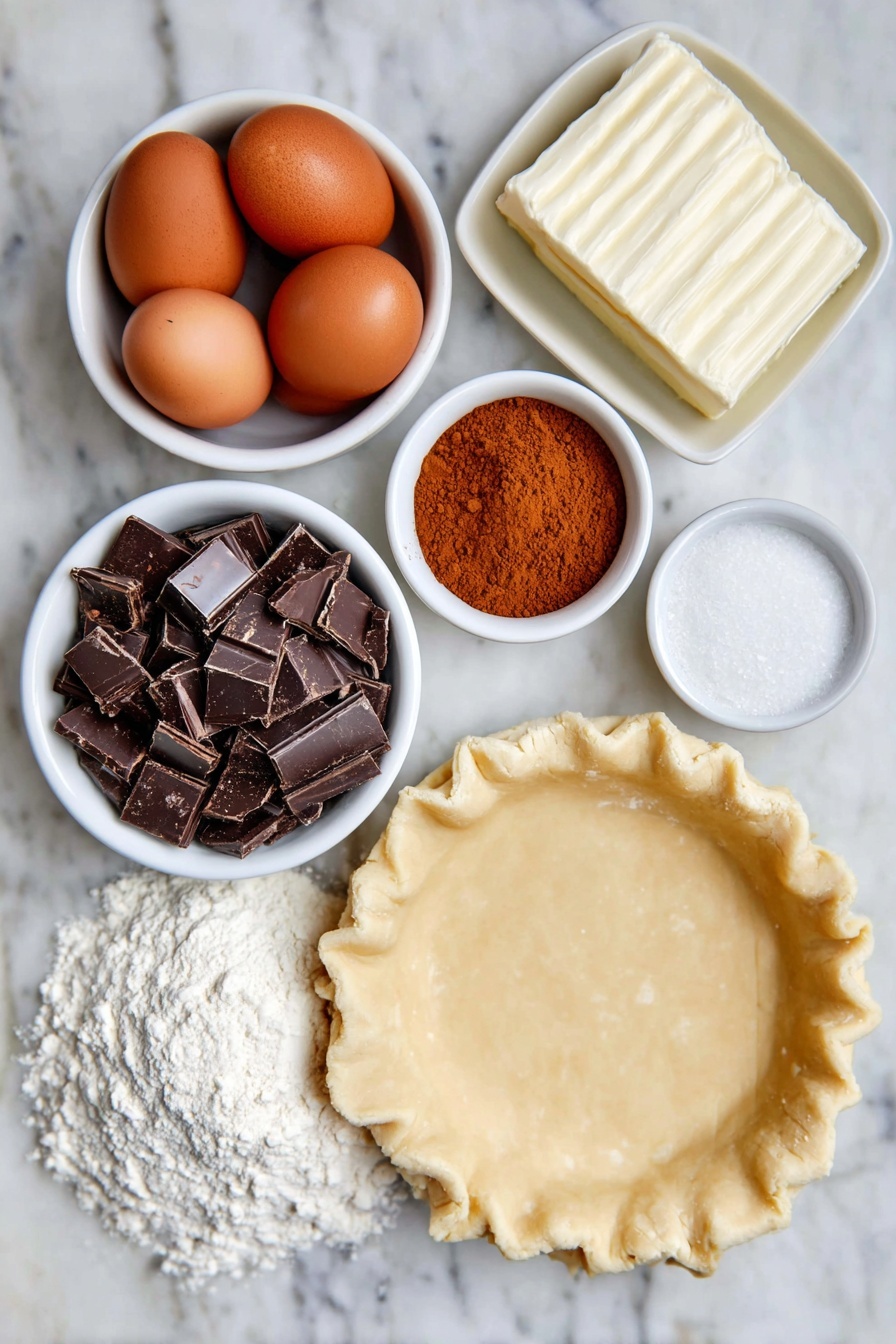 Fudgy Chocolate Brownie Pie, chocolate brownie pie, decadent brownie tart, chocolate dessert, homemade brownie pie - Flat lay of a chilled disc of homemade pie crust dough shaped into a smooth circle, a pile of coarsely chopped dark chocolate chunks, a slab of cold unsalted butter, a small white bowl of fine cocoa powder, two large whole brown eggs with clean shells, a small white bowl of caster sugar, a small white bowl of light brown sugar, a small white bowl of fine all-purpose flour, and a pinch of salt crystals placed symmetrically on a clean white marble surface, soft natural light, photo taken with an iPhone, professional food photography style, fresh ingredients, white ceramic bowls, no bottles, no duplicates, no utensils, no packaging --ar 2:3 --v 7 --p m7354615311229779997