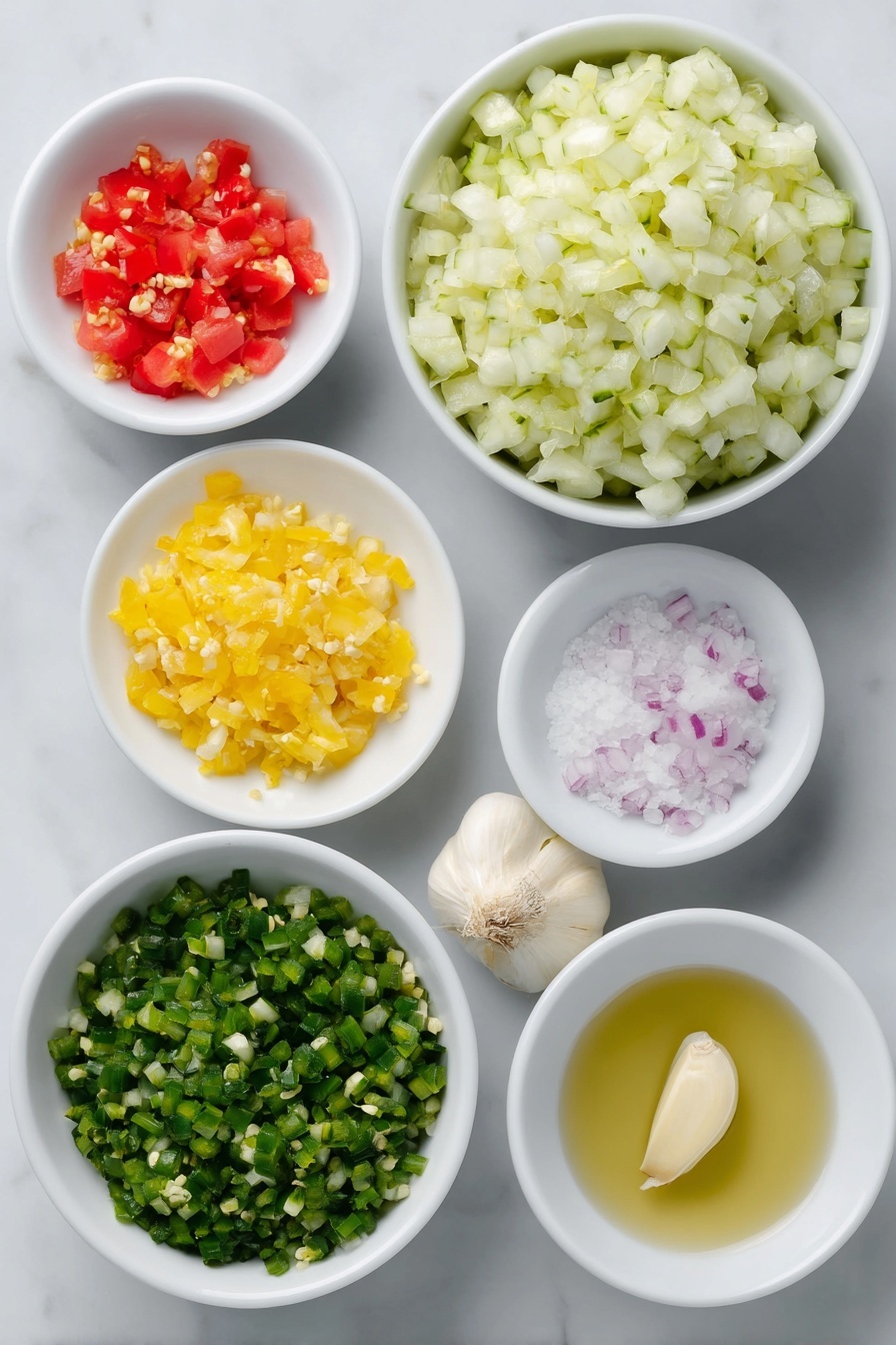 Dill Pickle Salsa, tangy salsa recipe, crunchy pickle salsa, fresh salsa with dill pickles, easy pickle salsa - Flat lay of a small white ceramic bowl filled with finely diced seedless cucumber, a small white bowl with finely diced dill pickles, a small white bowl holding finely diced sweet onion, a small white bowl containing finely diced red bell pepper, a single peeled garlic clove, a small white bowl with bright green minced fresh jalapeño, a small white bowl with tiny pieces of fresh orange habanero, a small white bowl of clear pickle brine, and a small white bowl of coarse kosher salt, all arranged symmetrically and balanced, placed on a clean white marble surface, soft natural light, photo taken with an iPhone, professional food photography style, fresh ingredients, white ceramic bowls, no bottles, no duplicates, no utensils, no packaging --ar 2:3 --v 7 --p m7354615311229779997