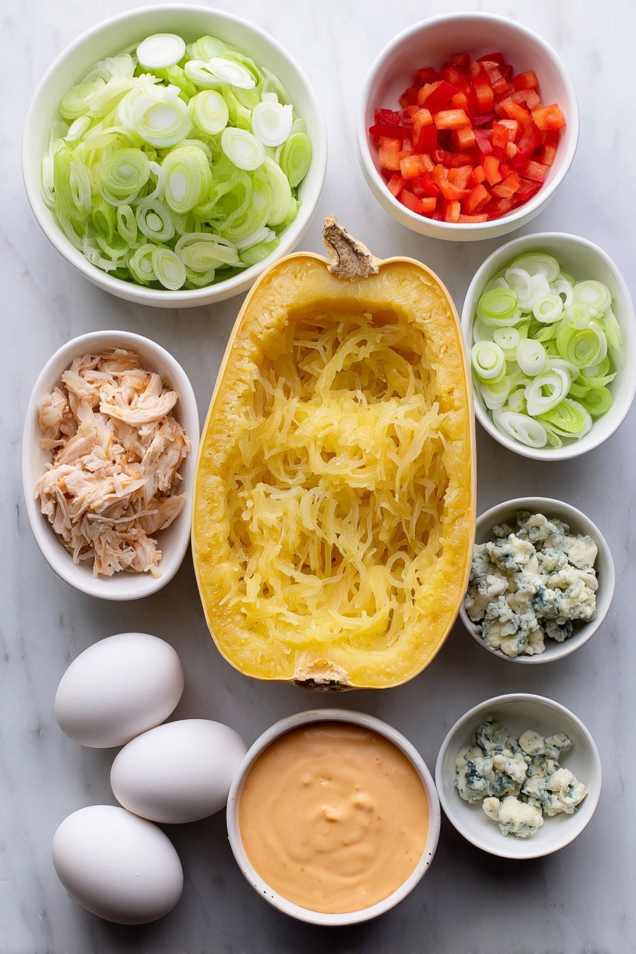 Buffalo Chicken Stuffed Spaghetti Squash, healthy buffalo chicken dinner, spicy spaghetti squash recipe, gluten-free stuffed squash, easy chicken squash recipe - Flat lay of a medium spaghetti squash halved with seeds removed showing the stringy flesh, a small white ceramic bowl of shredded cooked chicken breast, thinly sliced celery ribs arranged neatly, thinly sliced green onions with white and green parts visible, a small white ceramic bowl with diced red bell pepper, a small white ceramic bowl filled with bright orange buffalo sauce, a small white ceramic bowl of creamy ranch dressing, a small white ceramic bowl holding crumbled blue cheese, two whole uncracked eggs with clean shells placed near the bowls, all ingredients arranged symmetrically and evenly spaced on a clean white marble surface, soft natural light, photo taken with an iPhone, professional food photography style, fresh ingredients, white ceramic bowls, no bottles, no duplicates, no utensils, no packaging --ar 2:3 --v 7 --p m7354615311229779997