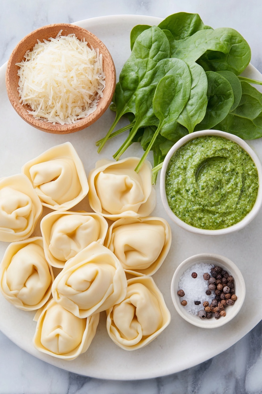 Cheese Tortellini with Pesto and Spinach, quick pasta recipes, easy vegetarian dinner, healthy tortellini ideas, Italian pasta with pesto - Flat lay of fresh cheese tortellini pasta arranged next to a small pile of vibrant baby spinach leaves, a small white ceramic bowl filled with bright green basil pesto sauce, a small white bowl holding freshly grated pale yellow parmesan cheese shavings, a small white bowl containing coarse salt, and a few whole uncracked brown peppercorns scattered symmetrically on a clean white ceramic plate, all ingredients fresh and natural, placed on a clean white marble surface, soft natural light, photo taken with an iPhone, professional food photography style, fresh ingredients, white ceramic bowls, no bottles, no duplicates, no utensils, no packaging --ar 2:3 --v 7 --p m7354615311229779997
