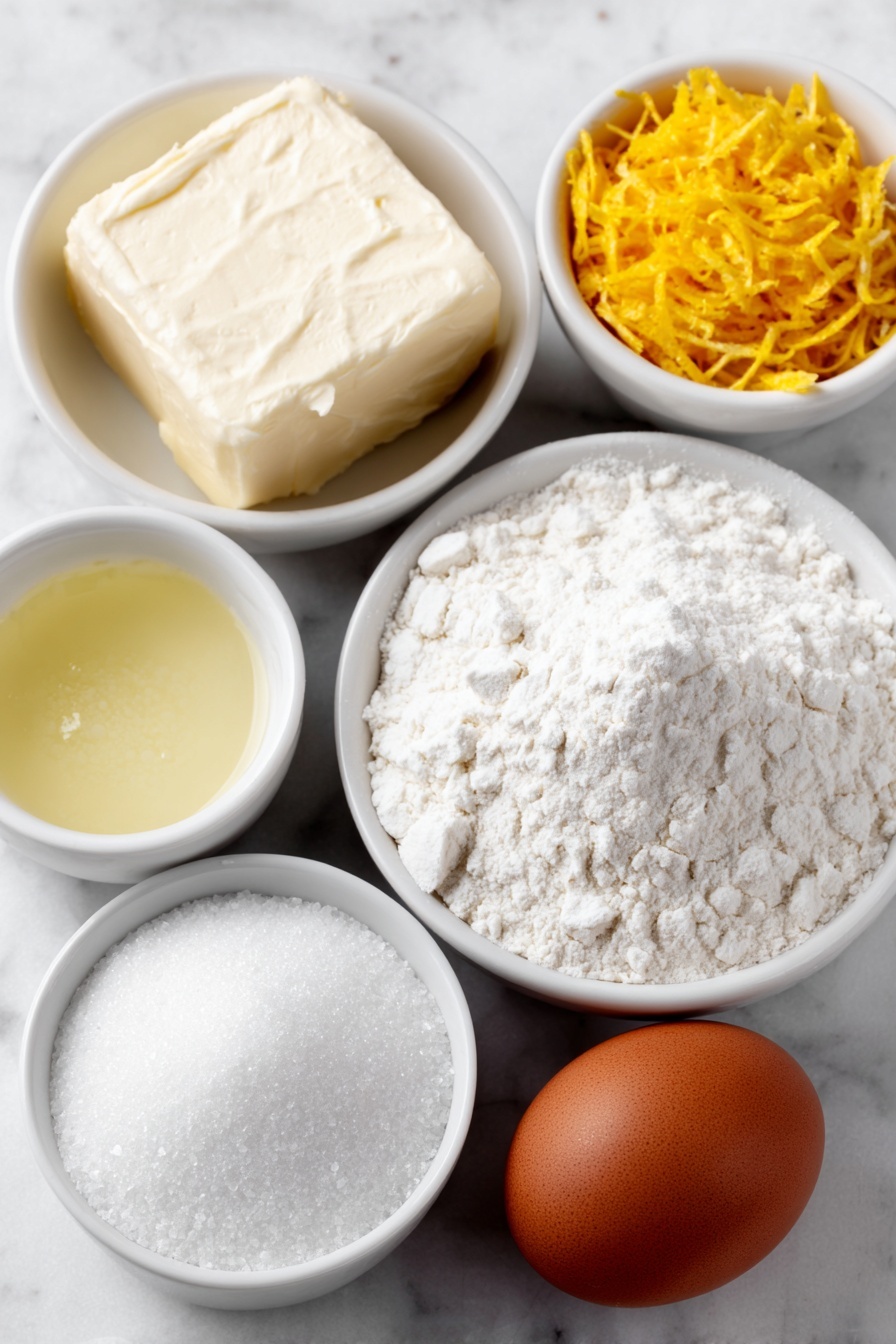 Lemon Cookies, Lemon Cookies Recipe, Lemon Cookie Ideas, Bright Lemon Cookies, Easy Lemon Cookies - Flat lay of a large square of unsalted butter with a creamy texture, a small mound of granulated white sugar, a neat pile of bright yellow fresh lemon zest strands, a small white ceramic bowl filled with fresh pale yellow lemon juice, one large uncracked brown egg with a smooth shell, a small white ceramic bowl heaped with fine all-purpose flour, a small white ceramic bowl containing white baking soda powder, a tiny white ceramic bowl with fine salt crystals, and a small white ceramic bowl filled with extra granulated white sugar for rolling, all arranged in perfect symmetry on a clean white marble surface, soft natural light, photo taken with an iPhone, professional food photography style, fresh ingredients, white ceramic bowls, no bottles, no duplicates, no utensils, no packaging --ar 2:3 --v 7 --p m7354615311229779997