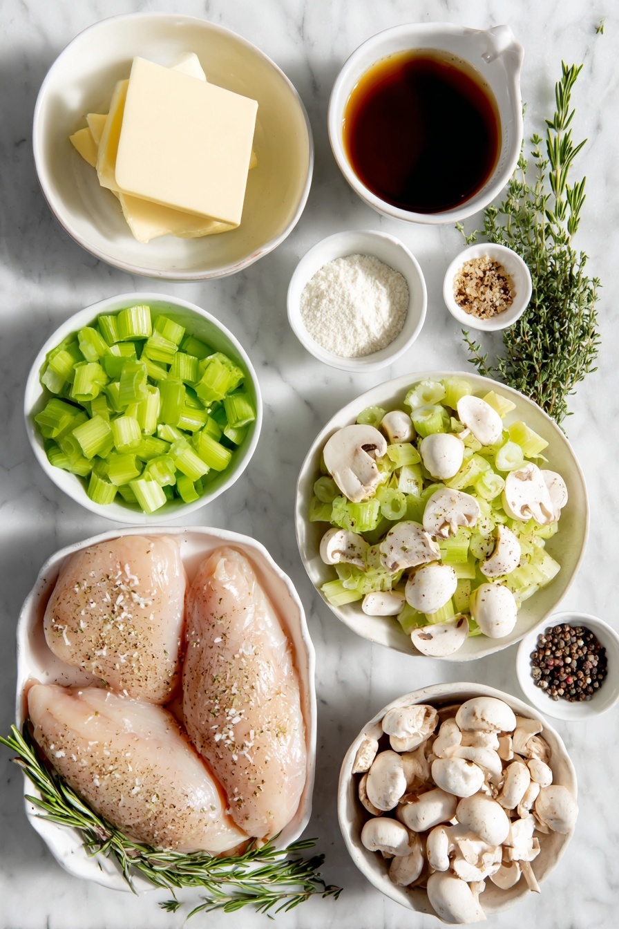 Creamy Chicken Mushroom Soup, hearty mushroom chicken soup, comforting chicken and mushroom dinner, easy creamy chicken mushroom recipe, cozy mushroom chicken bowl - Flat lay of unsalted butter in a small white ceramic bowl, a large peeled and chopped sweet onion on a white plate, chopped celery on a white plate, several peeled garlic cloves scattered neatly, an assortment of fresh sliced mushrooms on a white ceramic dish, fresh chopped rosemary sprigs, dried thyme in a small white bowl, dry sherry in a small white bowl, two whole boneless chicken breasts, clear chicken broth in a small white bowl, heavy cream in a small white bowl, cornstarch in a small white bowl, chopped fresh parsley on a white plate, coarse salt and whole black peppercorns in small white bowls, all arranged symmetrically and balanced, placed on a clean white marble surface, soft natural light, photo taken with an iPhone, professional food photography style, fresh ingredients, white ceramic bowls, no bottles, no duplicates, no utensils, no packaging --ar 2:3 --v 7 --p m7354615311229779997