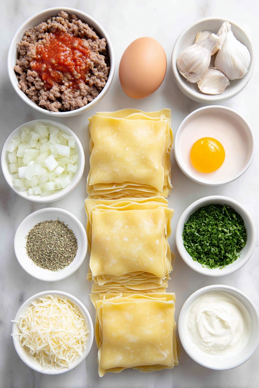 Cheesy Beef Lasagna Roll-Ups, easy lasagna roll-ups, beef and cheese roll-ups, weeknight dinner ideas, portable lasagna dishes - Flat lay of twelve cooked lasagna noodles arranged neatly, a mound of fresh ground beef, a small white ceramic bowl filled with vibrant red marinara sauce, a small white bowl of diced white onion, three peeled garlic cloves, a whole clean large brown egg, a small white bowl of creamy ricotta cheese, a small white bowl with shredded pale yellow parmesan cheese, a small white bowl of shredded white mozzarella cheese, a small white bowl of chopped fresh green parsley, a pinch of dried oregano and ground black pepper sprinkled beside the bowls, all ingredients fresh and natural, perfectly balanced and symmetrical, placed on a clean white marble surface, soft natural light, photo taken with an iPhone, professional food photography style, fresh ingredients, white ceramic bowls, no bottles, no duplicates, no utensils, no packaging --ar 2:3 --v 7 --p m7354615311229779997