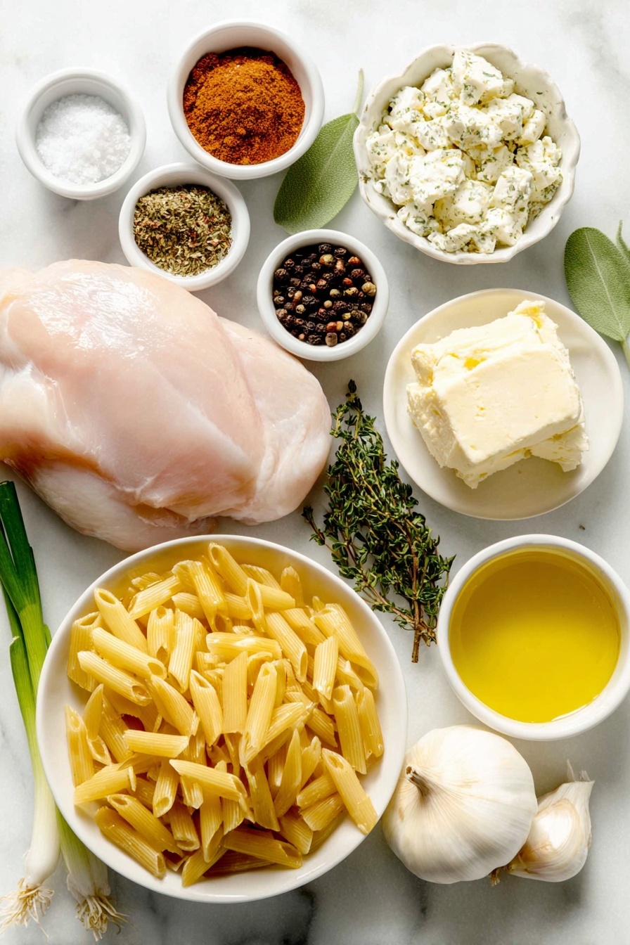 Creamy Cajun Chicken Pasta, Cajun chicken pasta, creamy pasta recipes, one-pot Cajun pasta, spicy chicken Alfredo - Flat lay of smoked paprika powder in a small white bowl, fresh oregano sprigs, fresh thyme sprigs, garlic powder in a small white bowl, onion powder in a small white bowl, cayenne pepper powder in a small white bowl, black peppercorns in a small white bowl, coarse salt in a small white bowl, a small pool of golden olive oil in a white bowl, a pat of creamy butter on a white ceramic plate, raw boneless skinless chicken breast, a whole yellow onion, uncooked penne pasta scattered, a small white bowl filled with fire roasted diced tomatoes, a small white bowl with clear chicken broth, chunks of cream cheese on a white plate, three fresh green onions whole and uncut, all ingredients arranged symmetrically and balanced, placed on a clean white marble surface, soft natural light, photo taken with an iPhone, professional food photography style, fresh ingredients, white ceramic bowls, no bottles, no duplicates, no utensils, no packaging --ar 2:3 --v 7 --p m7354615311229779997