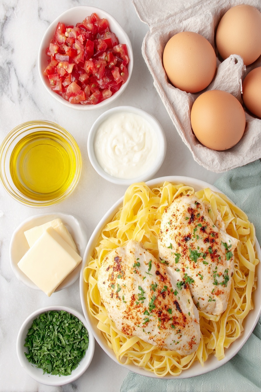 Creamy Cajun Chicken Pasta, Cajun Chicken Pasta, Easy Cajun Pasta, Creamy Chicken Pasta, Spicy Cajun Pasta - Flat lay of linguine pasta nest, two boneless skinless chicken breasts seasoned with Cajun spice, a small white bowl of olive oil, a small chunk of unsalted butter on white ceramic plate, three fresh garlic cloves, a small white bowl with diced ripe red tomatoes, a small white bowl filled with heavy whipping cream, a small white bowl of grated parmesan cheese, a small white bowl of finely chopped fresh parsley, whole uncracked eggs in natural brown shells placed symmetrically, placed on a clean white marble surface, soft natural light, photo taken with an iPhone, professional food photography style, fresh ingredients, white ceramic bowls, no bottles, no duplicates, no utensils, no packaging --ar 2:3 --v 7 --p m7354615311229779997