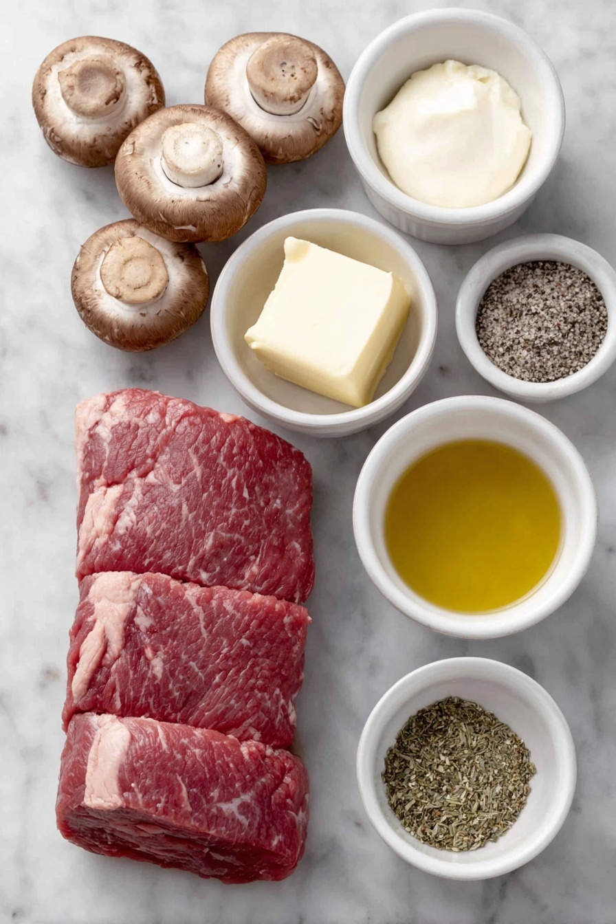 Creamy Mushroom Pork Tenderloin, Pork Tenderloin with Mushroom Sauce, Easy Pork Tenderloin Recipes, Elegant Pork Dinner Ideas, Quick Pork Recipes - Flat lay of a fresh whole pork tenderloin, a few whole brown cremini mushrooms sliced to show texture, three uncracked garlic cloves, a small white ceramic bowl of golden olive oil, a small white ceramic bowl with creamy pale yellow butter, a small white ceramic bowl filled with smooth heavy cream, a small white ceramic bowl holding a clear golden chicken broth, a small white ceramic bowl containing a smooth pale yellow Dijon mustard, a small mound of mixed dried Italian herbs, and a small pile of coarse sea salt and cracked black peppercorns placed on a clean white marble surface, soft natural light, photo taken with an iPhone, professional food photography style, fresh ingredients, white ceramic bowls, no bottles, no duplicates, no utensils, no packaging --ar 2:3 --v 7 --p m7354615311229779997