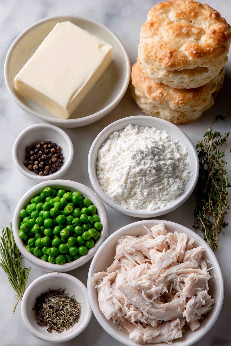 Creamed Chicken Over Biscuits, Creamed Chicken, Biscuits with Creamed Chicken, Comfort Food Recipes, Easy Chicken and Biscuits - Flat lay of unsalted butter in a small white ceramic bowl, a small fresh yellow onion whole and unpeeled, all purpose flour in a small neat mound on a white ceramic plate, coarse salt crystals and whole black peppercorns each in separate small white ceramic bowls, a small white ceramic bowl filled with golden chicken stock, a small white ceramic bowl with creamy half-and-half, dried tarragon sprigs gently resting beside a small pile of fresh green peas, a portion of cooked shredded chicken breast arranged neatly on a white ceramic plate, and a stack of eight golden homemade country biscuits on a simple white ceramic dish, placed on a clean white marble surface, soft natural light, photo taken with an iPhone, professional food photography style, fresh ingredients, white ceramic bowls, no bottles, no duplicates, no utensils, no packaging --ar 2:3 --v 7 --p m7354615311229779997