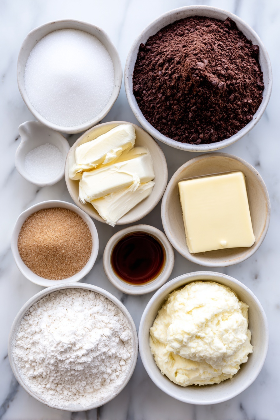 Decadent Hot Fudge Cake, hot fudge cake recipe, chocolate dessert, gooey chocolate cake, self-saucing pudding - Flat lay of a small mound of granulated sugar, a neat pile of all purpose flour, a heap of natural cocoa powder, a small white bowl of baking powder, a small white bowl of salt, a simple white ceramic bowl filled with milk, a pat of unsalted butter melted in a white bowl, a small white bowl holding vanilla extract, a packed mound of brown sugar, and a simple white bowl with hot water, all arranged in perfect symmetry, placed on a clean white marble surface, soft natural light, photo taken with an iPhone, professional food photography style, fresh ingredients, white ceramic bowls, no bottles, no duplicates, no utensils, no packaging --ar 2:3 --v 7 --p m7354615311229779997