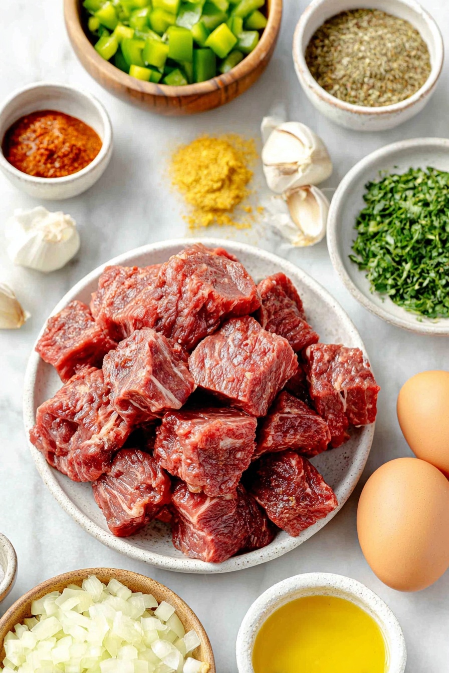 German Beef Goulash, hearty beef goulash recipe, authentic German goulash, easy beef goulash, comfort food German dish - Flat lay of two pounds of cubed fresh beef chuck roast with deep red color, a heap of chopped white onions with a glistening surface, a small pile of diced vibrant green bell pepper, half of a ripe red tomato diced and seeded, three whole garlic cloves with papery skins intact, a handful of bright green chopped fresh parsley, a glossy bay leaf, a wooden bowl holding a mixture of sweet Hungarian paprika, dried marjoram, and whole caraway seeds, two small white ceramic bowls filled with dark rich tomato paste and golden olive oil, and two small white ceramic bowls containing deep brown beef broth and dark red dry red wine, plus two whole uncracked brown eggs nestled aside, all arranged symmetrically on a simple white ceramic plate, placed on a clean white marble surface, soft natural light, photo taken with an iPhone, professional food photography style, fresh ingredients, white ceramic bowls, no bottles, no duplicates, no utensils, no packaging --ar 2:3 --v 7 --p m7354615311229779997