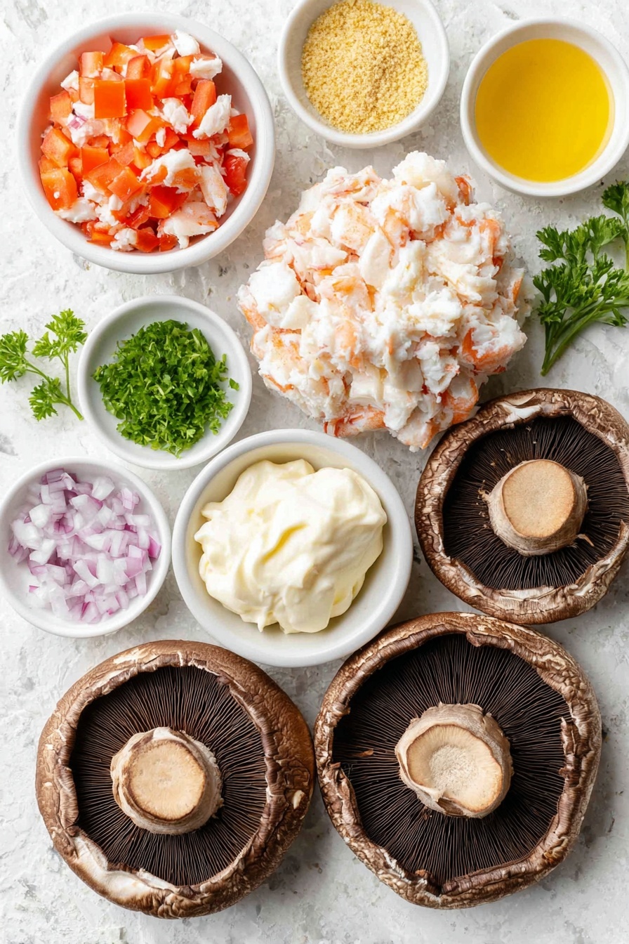 Crab Stuffed Portobello Mushrooms, seafood appetizer recipes, easy stuffed mushroom ideas, gourmet mushroom dishes, crab and mushroom recipes - Flat lay of four large fresh portobello mushroom caps, a mound of lump crab meat, one whole brown egg with a clean shell, a small white bowl of creamy mayonnaise, a few sprigs of finely chopped Italian parsley, a small white bowl with finely diced red bell pepper, a small white bowl with finely diced red onion, a small white bowl containing golden almond flour, a small white bowl with extra virgin olive oil, and small white bowls holding Old Bay seasoning, garlic powder, and black pepper, all arranged symmetrically on a clean white marble surface, soft natural light, photo taken with an iPhone, professional food photography style, fresh ingredients, white ceramic bowls, no bottles, no duplicates, no utensils, no packaging --ar 2:3 --v 7 --p m7354615311229779997