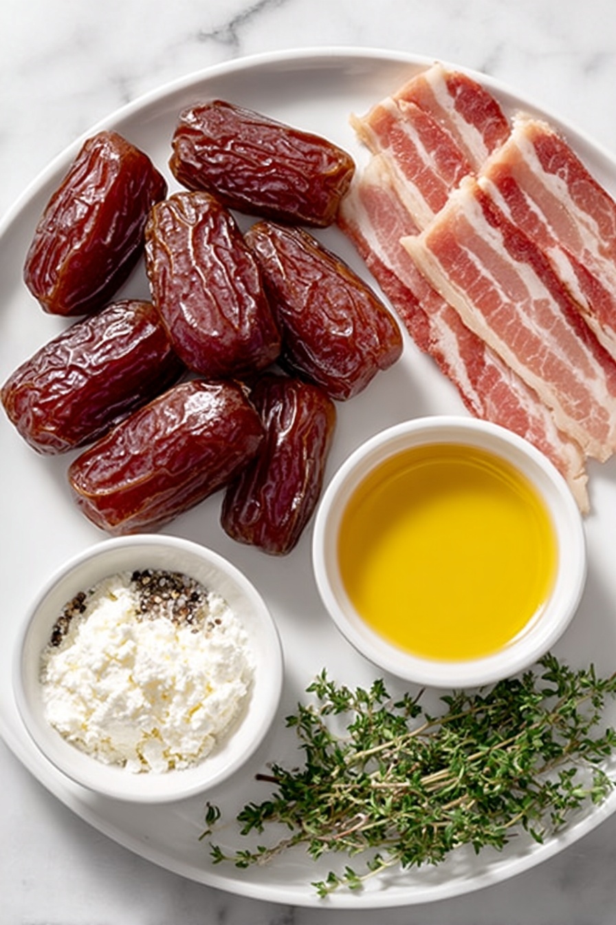Bacon-Wrapped Dates with Goat Cheese, Date Appetizer Ideas, Easy Party Finger Foods, Savory Bacon Dates, Elegant Holiday Appetizer - Flat lay of fresh whole dates with glossy mahogany skins, a small mound of soft white goat cheese, several uncooked strips of raw bacon with pink and white marbling, a small white ceramic bowl filled with golden honey, scattered fresh green thyme sprigs, bright green parsley leaves, and a small white bowl containing coarse sea salt and freshly ground black pepper, all arranged in perfect symmetry on a simple white ceramic plate and bowls, placed on a clean white marble surface, soft natural light, photo taken with an iPhone, professional food photography style, fresh ingredients, white ceramic bowls, no bottles, no duplicates, no utensils, no packaging --ar 2:3 --v 7 --p m7354615311229779997