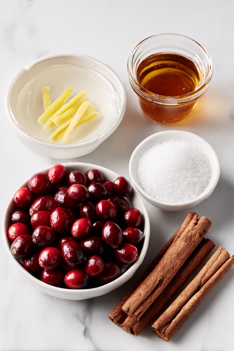 Simple Cranberry Sauce, easy cranberry sauce, homemade cranberry sauce, holiday cranberry sauce, fresh cranberry sauce - Flat lay of a handful of fresh, plump red cranberries, a few wide strips of bright yellow lemon zest, two cinnamon sticks with a rich brown texture, a small white ceramic bowl filled with clear water, a small white ceramic bowl holding golden maple syrup, and a small pile of sparkling white granulated sugar, all arranged in perfect symmetry, placed on a clean white marble surface, soft natural light, photo taken with an iPhone, professional food photography style, fresh ingredients, white ceramic bowls, no bottles, no duplicates, no utensils, no packaging --ar 2:3 --v 7 --p m7354615311229779997