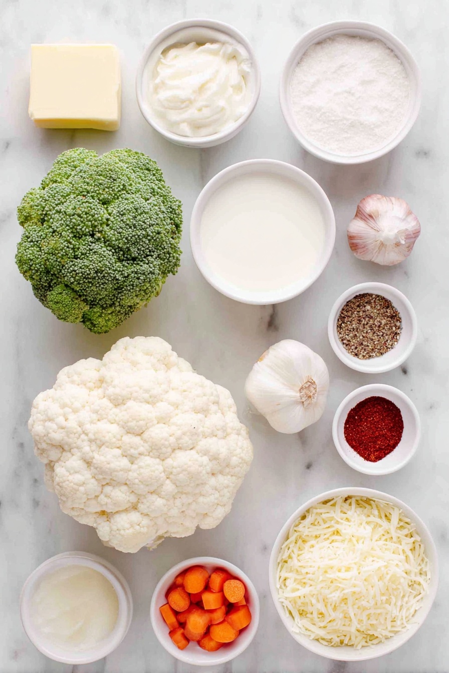 Creamy Vegetable Casserole with Cheese, cheesy vegetable casserole, comforting vegetable bake, easy veggie casserole, cheesy veggie side dish - Flat lay of fresh green broccoli florets, white cauliflower florets, bright orange baby carrots, a few cloves of whole garlic, a small white bowl of pale yellow butter, a small white bowl of white cornstarch powder, a small white bowl of creamy heavy cream, a small white bowl of mixed dried Italian seasoning herbs, a small white bowl of coarse salt, a small white bowl of freshly ground black pepper, a small white bowl of deep red chili powder, a small white bowl of light brown ground nutmeg, a small white bowl filled with shredded Italian blend cheese in white, yellow, and orange hues, a small white bowl of light tan pork rind panko crumbs, all arranged in perfect symmetry on a clean white marble surface, soft natural light, photo taken with an iPhone, professional food photography style, fresh ingredients, white ceramic bowls, no bottles, no duplicates, no utensils, no packaging --ar 2:3 --v 7 --p m7354615311229779997