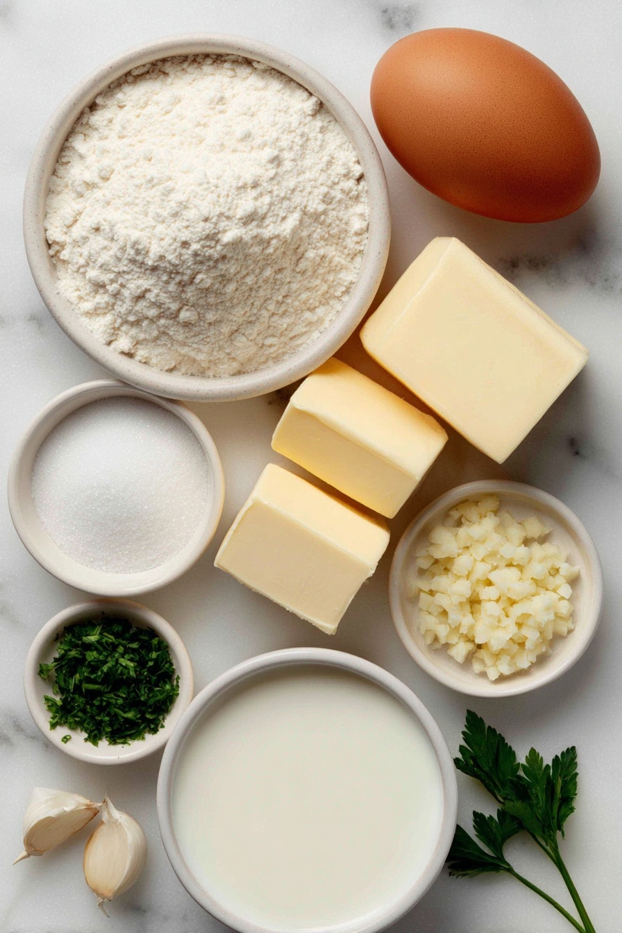 Garlic Butter Dinner Rolls, soft garlic dinner rolls, easy dinner rolls recipe, fluffy homemade dinner rolls, buttery garlic bread rolls - Flat lay of a small white ceramic bowl of warm whole milk, a small white ceramic bowl of granulated sugar, a neat pile of all-purpose flour, one large whole brown egg with a clean shell, a small white ceramic bowl of unsalted butter softened to room temperature, a small white ceramic bowl of salted butter, three fresh garlic cloves beside finely chopped garlic in a small heap, a few sprigs of freshly chopped parsley scattered naturally, a small white ceramic bowl containing a mixture of egg yolk and milk, and a small white ceramic bowl with active dry yeast, all arranged with perfect symmetry and balanced proportions, placed on a clean white marble surface, soft natural light, photo taken with an iPhone, professional food photography style, fresh ingredients, white ceramic bowls, no bottles, no duplicates, no utensils, no packaging --ar 2:3 --v 7 --p m7354615311229779997