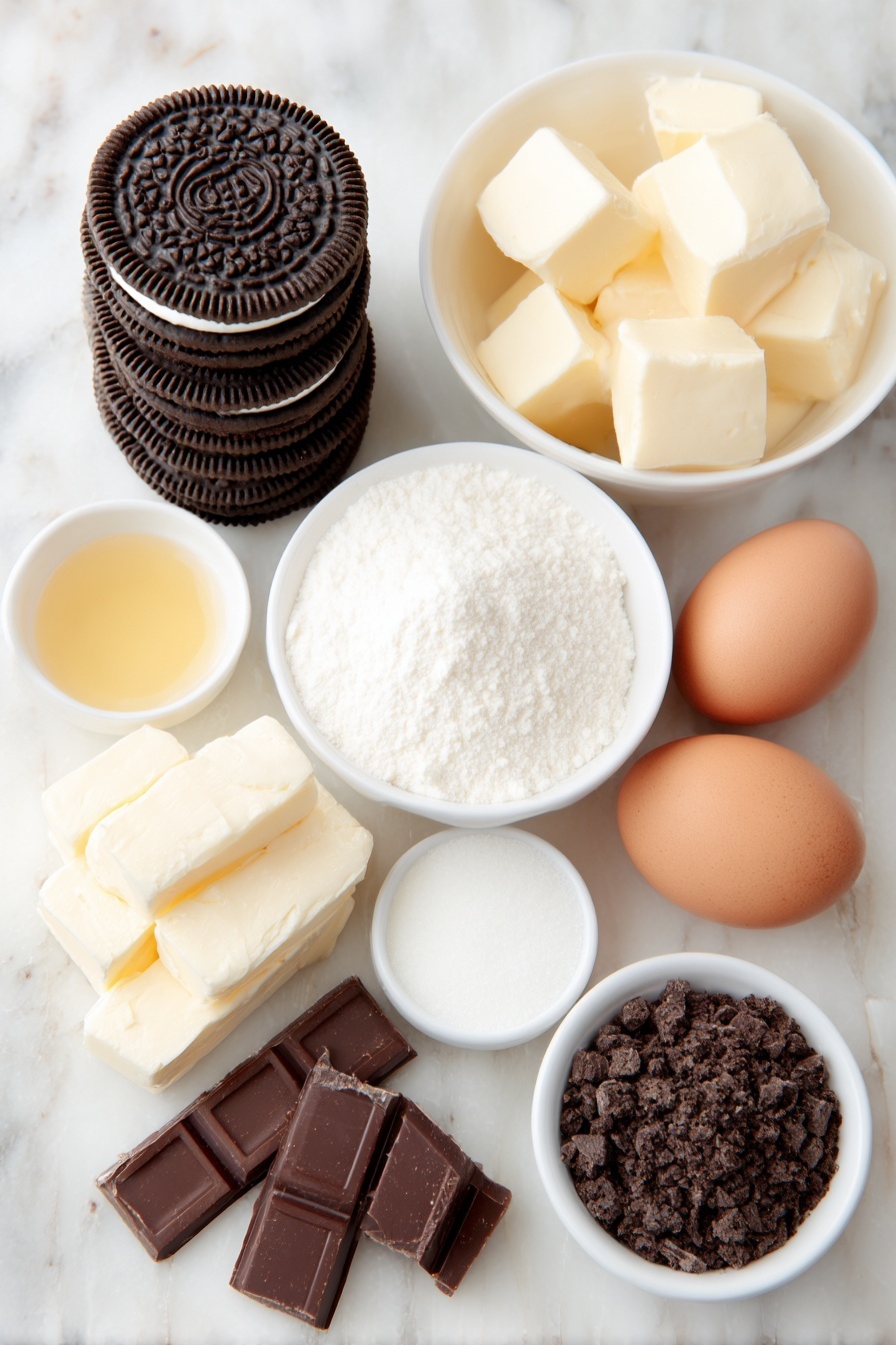 Peppermint Cheesecake with Chocolate Ganache, peppermint cheesecake, chocolate ganache dessert, festive holiday cheesecake, minty cheesecake recipe - Flat lay of a stack of whole Oreo cookies arranged neatly, a small white ceramic bowl with melted unsalted butter, several cubes of full-fat brick-style cream cheese, a small white bowl filled with granulated sugar, a small white bowl of smooth sour cream, a small white bowl with sifted cornstarch, a small white bowl containing clear peppermint extract, three whole uncracked brown eggs, two additional whole uncracked eggs placed side by side, a simple pile of finely chopped semi-sweet chocolate pieces, a small white bowl of heavy cream, and a few crushed candy canes, all placed on a clean white marble surface, soft natural light, photo taken with an iPhone, professional food photography style, fresh ingredients, white ceramic bowls, no bottles, no duplicates, no utensils, no packaging --ar 2:3 --v 7 --p m7354615311229779997