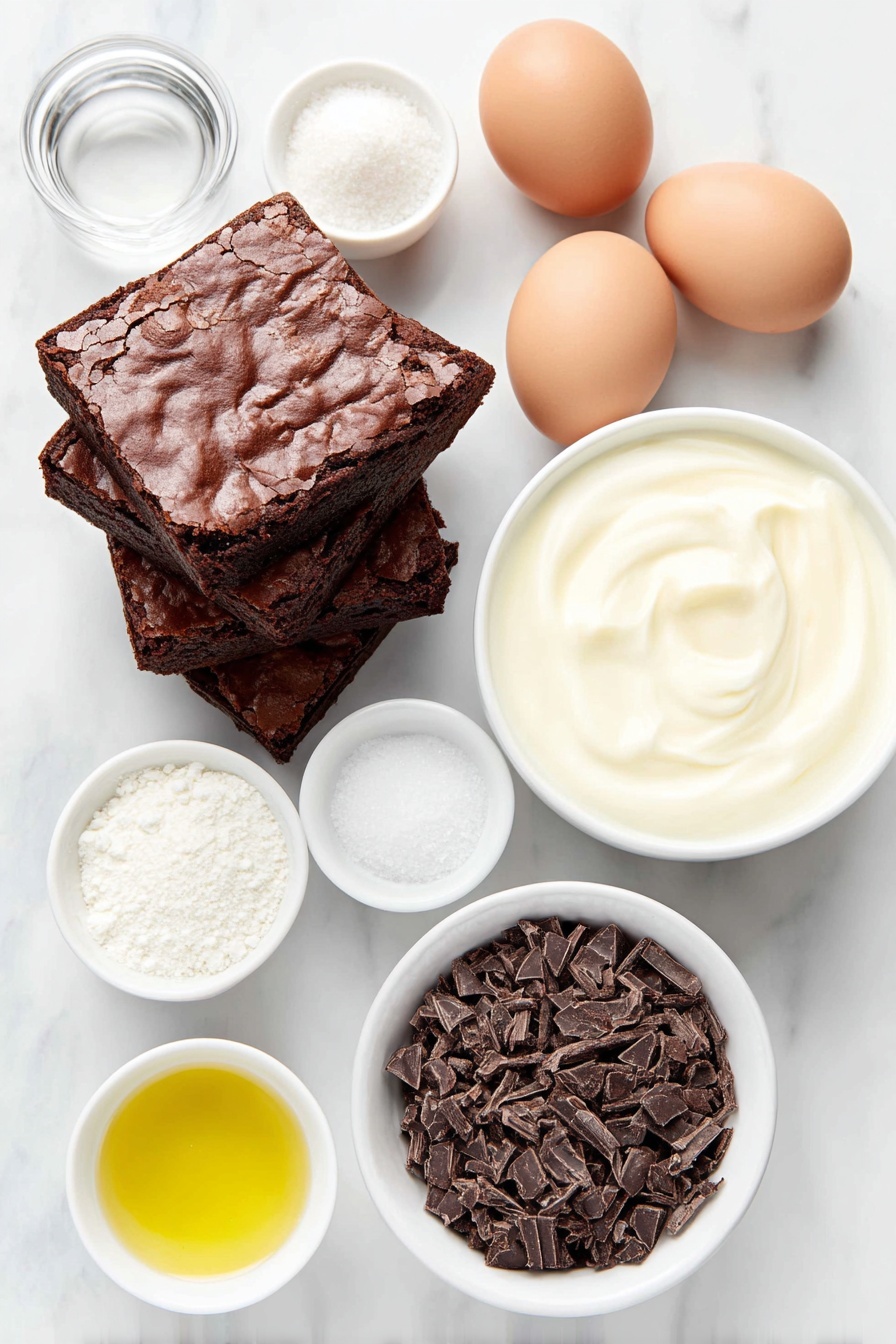 Chocolate Brownie Trifle, Chocolate Brownie dessert, layered brownie trifle, easy chocolate dessert, fudgy brownie trifle - Flat lay of a few squares of rich homemade brownies with visible semi-sweet chocolate morsels, two large whole brown eggs with clean shells, a small white ceramic bowl of golden vegetable oil, a small white ceramic bowl of clear water, a large white ceramic bowl filled with cold milk, a small white ceramic bowl of smooth instant chocolate fudge pudding mix powder, a large white ceramic bowl of thick heavy cream, a small white ceramic bowl of granulated sugar, a small white ceramic bowl of clear vanilla extract, and a small white ceramic bowl heaped with delicate dark chocolate shavings, all arranged in perfect symmetry on a clean white marble surface, soft natural light, photo taken with an iPhone, professional food photography style, fresh ingredients, white ceramic bowls, no bottles, no duplicates, no utensils, no packaging --ar 2:3 --v 7 --p m7354615311229779997