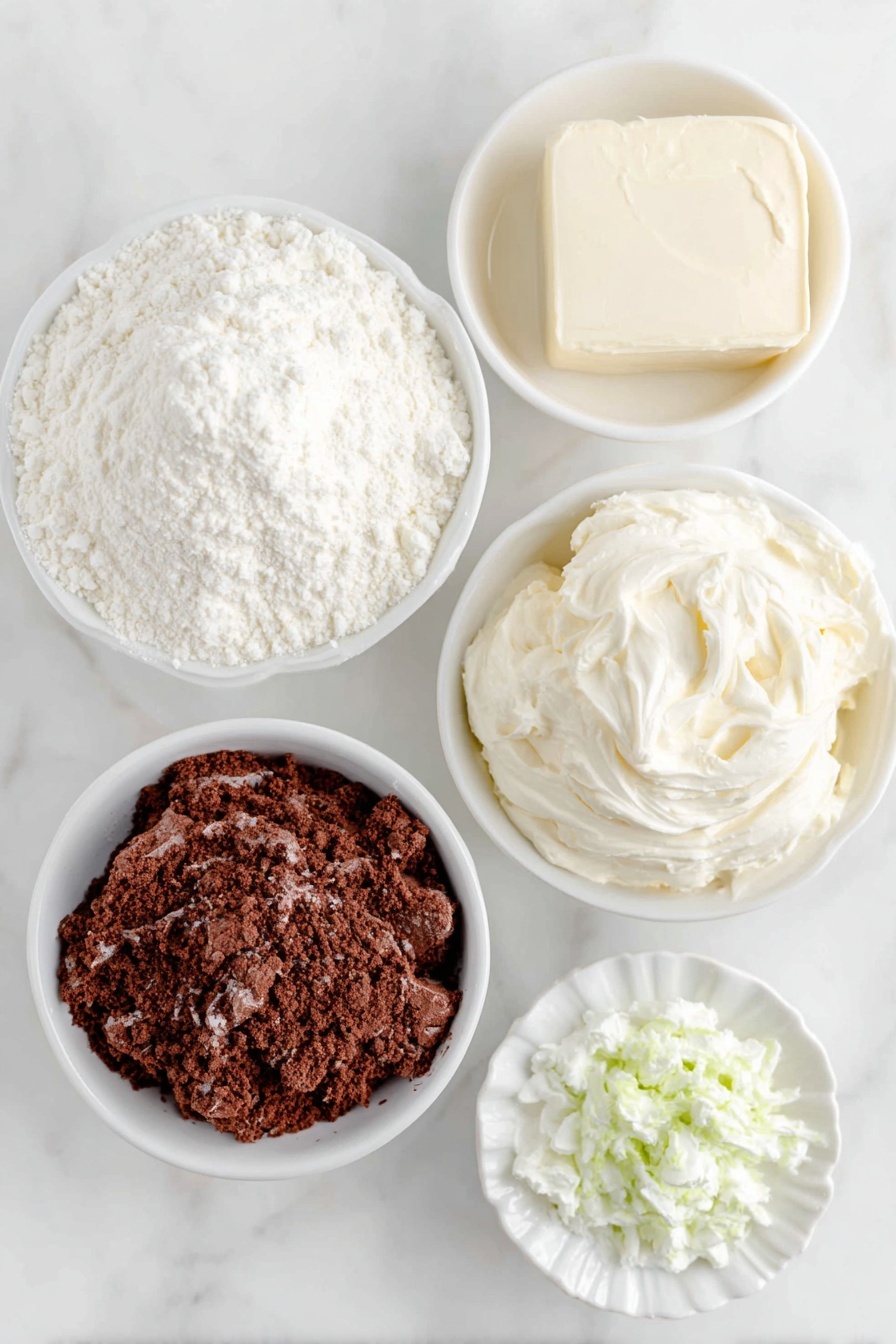 Christmas Red Velvet Trifle, festive Christmas dessert, holiday layered trifle, easy Christmas dessert, red velvet cake trifle - Flat lay of a small mound of bright white cake crumbs, a small mound of rich red velvet cake crumbs, a small white ceramic bowl of softened cream cheese, a small white ceramic bowl filled with glossy sweetened condensed milk, a small white ceramic bowl of fluffy whipped topping, a few drops of vibrant green food coloring on a white ceramic shallow dish, placed on a clean white marble surface, soft natural light, photo taken with an iPhone, professional food photography style, fresh ingredients, white ceramic bowls, no bottles, no duplicates, no utensils, no packaging --ar 2:3 --v 7 --p m7354615311229779997