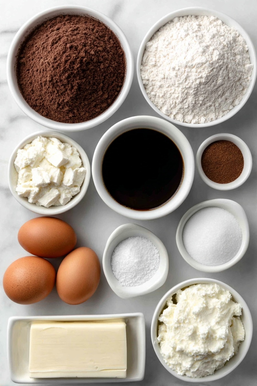 Red Velvet Cake with Cream Cheese Frosting, moist red velvet cake, easy red velvet cake recipe, classic red velvet cake, best cream cheese frosting - Flat lay of a small white bowl of hot black coffee, a small white bowl of unsweetened natural cocoa powder, a small white bowl of all-purpose flour, a small white bowl of baking powder, a small white bowl of baking soda, a small white bowl of fine sea salt, a small white bowl of ground cinnamon, a small white bowl of granulated sugar, a small white bowl of fresh vegetable oil, a small white bowl of melted unsalted butter, two whole brown eggs with clean shells, one whole white egg with clean shell, a small white bowl of buttermilk, a small white bowl of vanilla extract, a small white bowl of red gel food coloring, a small white bowl of distilled white vinegar, a small white bowl of cream cheese, a small white bowl of unsalted butter sticks, a small white bowl of powdered sugar placed on a clean white marble surface, soft natural light, photo taken with an iPhone, professional food photography style, fresh ingredients, white ceramic bowls, no bottles, no duplicates, no utensils, no packaging --ar 2:3 --v 7 --p m7354615311229779997