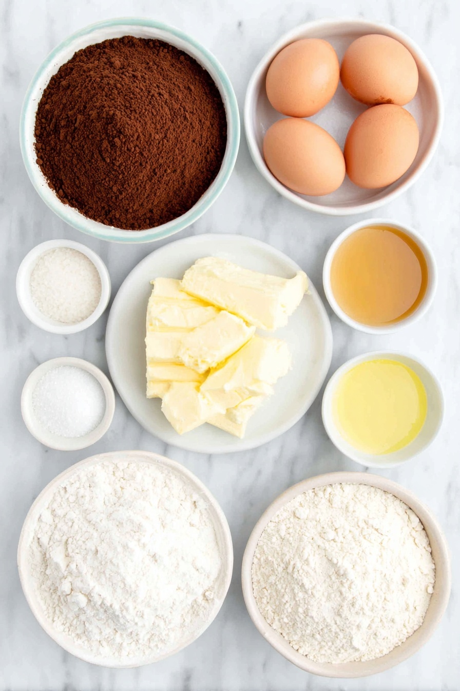 Chewy Chocolate Crinkle Cookies, chocolate crinkle cookies, fudgy cookie recipe, soft chocolate cookies, easy holiday cookies - Flat lay of a small matte white ceramic bowl filled with unsweetened dark brown cocoa powder, a small mound of fine all-purpose flour on a plain white plate, a small white ceramic bowl holding fine white baking powder, a tiny pinch of salt in a delicate white bowl, a chunk of soft pale yellow butter placed directly on a simple white plate, a small heap of granulated white sugar on a white ceramic dish, a small white bowl with clear golden vanilla extract, four whole uncracked large brown eggs neatly aligned on a white ceramic dish, and a small white bowl heaped with powdery white powdered sugar — all arranged symmetrically with balanced spacing, placed on a clean white marble surface, soft natural light, photo taken with an iPhone, professional food photography style, fresh ingredients, white ceramic bowls, no bottles, no duplicates, no utensils, no packaging --ar 2:3 --v 7 --p m7354615311229779997