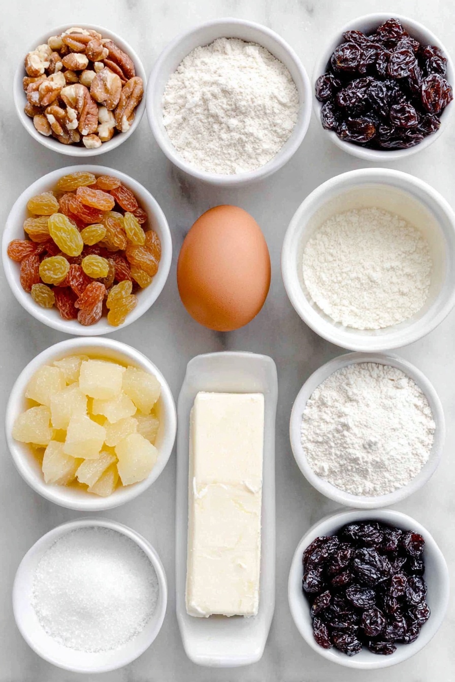 Fruitcake Cookies, holiday fruitcake cookies, fruity cookie recipes, chewy fruit cookies, festive cookie ideas - Flat lay of a small pile of plump golden raisins, a handful of coarsely chopped bright red and green candied cherries, a small mound of coarsely chopped golden candied pineapple, a cluster of coarsely chopped large Brazil nuts, a smooth pat of pale golden shortening, a neat heap of white granulated sugar, one whole uncracked brown egg with a clean shell, a small white ceramic bowl filled with clear vanilla extract, a small white ceramic bowl with almond extract, a small pile of white all-purpose flour, a small white ceramic bowl containing baking soda powder, and a small white ceramic bowl of fine salt, all arranged with perfect symmetry in a balanced layout on a clean white marble surface, soft natural light, photo taken with an iPhone, professional food photography style, fresh ingredients, white ceramic bowls, no bottles, no duplicates, no utensils, no packaging --ar 2:3 --v 7 --p m7354615311229779997