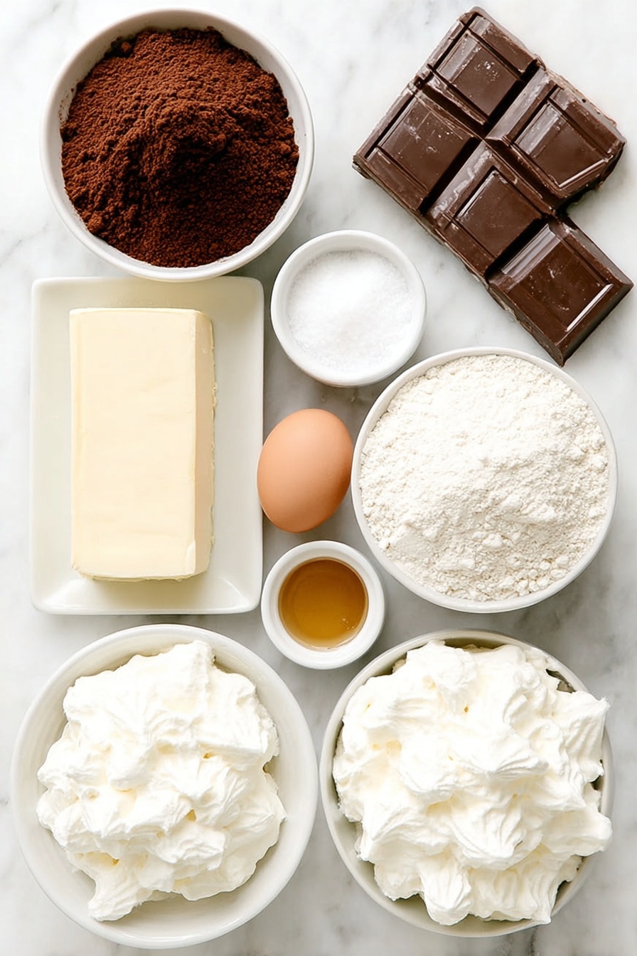 Chocolate Marshmallow Swirl Cookies, chocolate marshmallow cookies, marshmallow swirl cookies, easy chocolate cookie recipe, gooey marshmallow cookies - Flat lay of a small mound of all-purpose flour, a neat pile of rich unsweetened cocoa powder, a small pinch of fine salt, a small heap of baking soda powder, a large slab of unsalted butter softened, a small white ceramic bowl filled with granulated sugar, two whole brown eggs with clean shells, a small white bowl holding vanilla extract, and a small white ceramic bowl filled with fluffy white marshmallow fluff, each ingredient fresh and natural, arranged with perfect symmetry on a clean white marble surface, soft natural light, photo taken with an iPhone, professional food photography style, fresh ingredients, white ceramic bowls, no bottles, no duplicates, no utensils, no packaging --ar 2:3 --v 7 --p m7354615311229779997