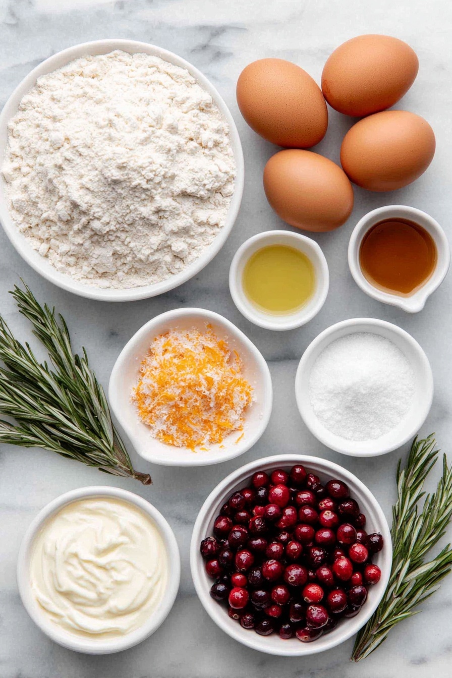 Orange Cranberry Bread, orange cranberry bread recipe, flavorful bread with cranberries and orange, moist citrus cranberry bread, easy holiday bread recipes - Flat lay of two whole brown eggs with clean shells, a small white ceramic bowl of all-purpose flour, a small white ceramic bowl containing granulated sugar mixed with bright orange zest, a small white ceramic bowl filled with smooth buttermilk, a small white ceramic bowl with golden canola oil, a small white ceramic bowl of fresh orange juice, a few sprigs of fresh orange zest, a mound of fresh red cranberries, a small white ceramic bowl of fine powdered sugar, a small white ceramic bowl with additional fresh orange juice, all arranged symmetrically on a clean white marble surface, soft natural light, photo taken with an iPhone, professional food photography style, fresh ingredients, white ceramic bowls, no bottles, no duplicates, no utensils, no packaging --ar 2:3 --v 7 --p m7354615311229779997