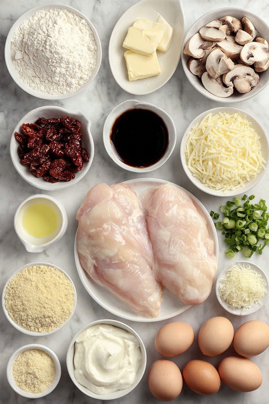 Stuffed Chicken Marsala with Mushrooms and Cheese, Chicken Marsala recipes, flavorful stuffed chicken recipes, easy mushroom chicken dishes, elegant chicken dinner ideas - Flat lay of two large boneless skinless chicken breasts, a small mound of all-purpose flour on a white ceramic plate, three tablespoons of butter in a small white bowl, a small white bowl filled with deep amber Marsala wine, a small white bowl of thick heavy cream, a white ceramic plate with sliced cremini mushrooms, a small white bowl with shredded smoked Gouda cheese, a small white bowl with shredded mozzarella cheese, a small white bowl with grated Parmesan cheese, a small white bowl of golden breadcrumbs, a small white bowl of creamy sour cream, six pieces of glossy sun-dried tomatoes, sliced green onions arranged neatly on a white plate, a small bunch of finely chopped fresh parsley on a white dish, two brown whole uncracked eggs, a small white bowl with light avocado oil, all items fresh and natural, perfect symmetry, realistic proportions, placed on a clean white marble surface, soft natural light, photo taken with an iPhone, professional food photography style, fresh ingredients, white ceramic bowls, no bottles, no duplicates, no utensils, no packaging --ar 2:3 --v 7 --p m7354615311229779997