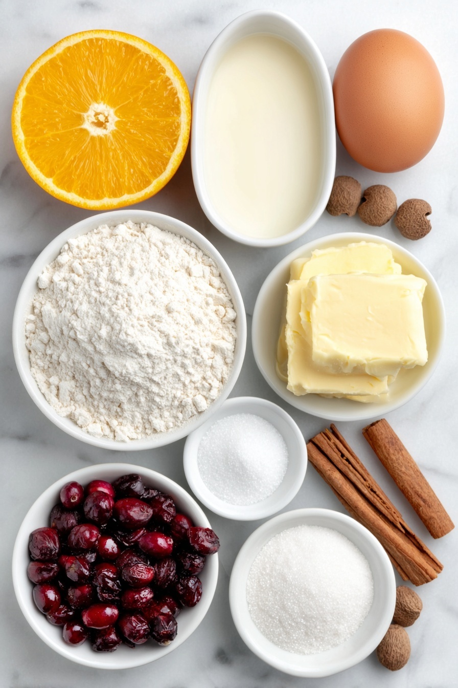 Cranberry Orange Sweet Rolls, citrus cranberry breakfast rolls, fluffy cranberry orange pastry, easy sweet rolls with cranberries, holiday orange cranberry baked goods - Flat lay of a whole uncracked brown egg, a small white ceramic bowl of warm milk, a small white ceramic bowl with melted salted butter, a small white ceramic bowl of granulated sugar, a small white ceramic bowl of powdered sugar, a fresh orange whole and one half with bright orange zest, a small white ceramic bowl with pure vanilla extract, fresh whole cranberries, a small white ceramic bowl containing white flour, a few whole warm spices including cinnamon sticks, cloves, and nutmeg pods, all arranged with perfect symmetry on a clean white marble surface, soft natural light, photo taken with an iPhone, professional food photography style, fresh ingredients, white ceramic bowls, no bottles, no duplicates, no utensils, no packaging --ar 2:3 --v 7 --p m7354615311229779997