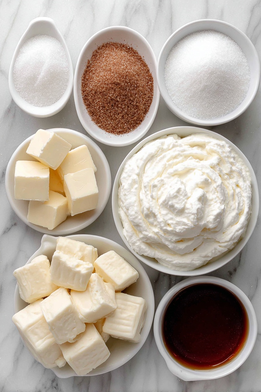 Cinnamon Roll Fudge Delight, cinnamon roll fudge, white chocolate cinnamon fudge, cinnamon dessert recipes, easy cinnamon fudge - Flat lay of a small heap of granulated sugar, a few cubes of unsalted butter, a small white bowl with cinnamon sugar mix, a pinch of coarse kosher salt scattered neatly, a small white bowl filled with heavy cream, a pile of glossy white chocolate morsels, a small mound of fluffy marshmallow cream, a small white bowl with powdered sugar, a small white bowl containing golden maple syrup, all ingredients arranged symmetrically and fresh-looking, placed on a clean white marble surface, soft natural light, photo taken with an iPhone, professional food photography style, fresh ingredients, white ceramic bowls, no bottles, no duplicates, no utensils, no packaging --ar 2:3 --v 7 --p m7354615311229779997