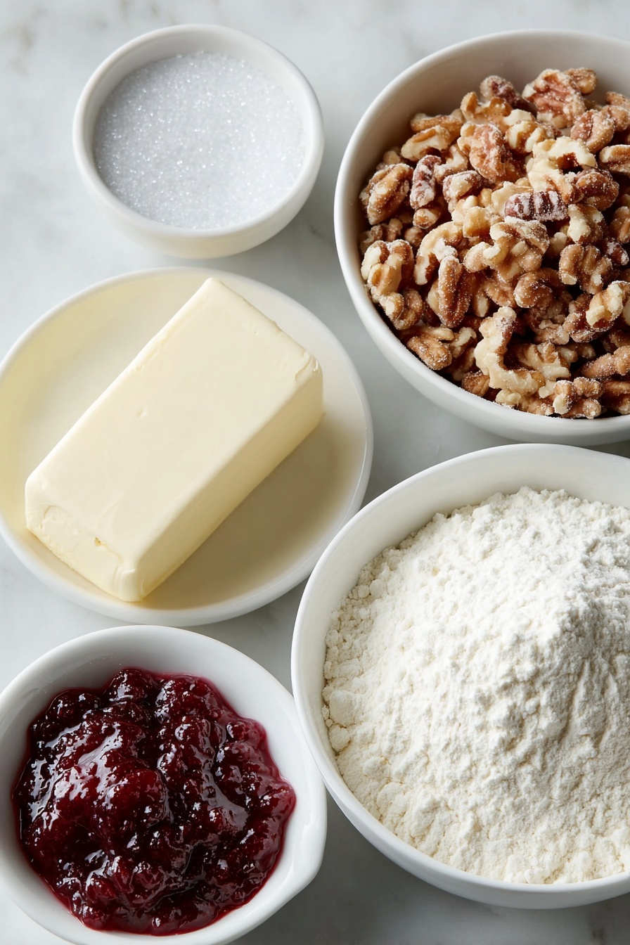 Raspberry Cream Cheese Pinwheel Cookies, easy cookie recipes, raspberry dessert ideas, no-bake cookie treats, party cookie recipes - Flat lay of a small mound of white all-purpose flour, a pinch of fine salt beside it, a neat block of smooth cream cheese, a chunk of pale yellow butter, a small white bowl filled with vibrant red raspberry jam, a scattering of coarsely chopped fresh walnuts, and another small white bowl holding sparkling coarse sugar, all arranged symmetrically on a simple white ceramic plate and bowls, placed on a clean white marble surface, soft natural light, photo taken with an iPhone, professional food photography style, fresh ingredients, white ceramic bowls, no bottles, no duplicates, no utensils, no packaging --ar 2:3 --v 7 --p m7354615311229779997