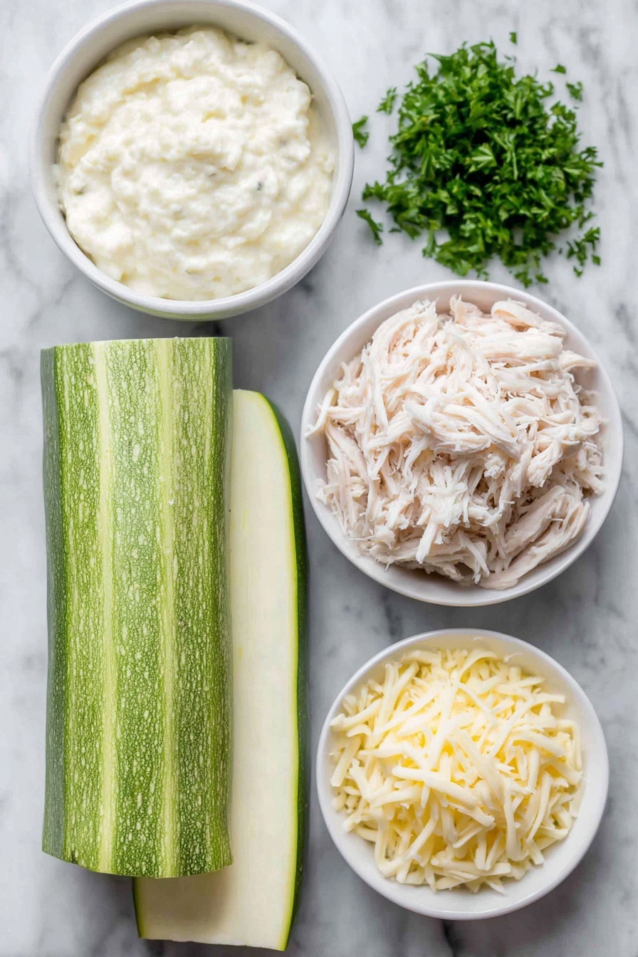 Chicken Alfredo Zucchini Roll-Ups, healthy zucchini roll-ups, creamy chicken zucchini wraps, low-carb Alfredo recipe, easy chicken zucchini appetizer - Flat lay of a large thick zucchini sliced lengthwise showing fresh green skin and pale interior, a small neat pile of shredded white chicken breast meat, a small white ceramic bowl filled with creamy alfredo sauce, a small mound of shredded mozzarella cheese with soft white strands, a small pile of thinly shaved pale yellow parmesan cheese, and a few fresh sprigs of bright green parsley arranged symmetrically in simple white ceramic bowls, placed on a clean white marble surface, soft natural light, photo taken with an iPhone, professional food photography style, fresh ingredients, white ceramic bowls, no bottles, no duplicates, no utensils, no packaging --ar 2:3 --v 7 --p m7354615311229779997