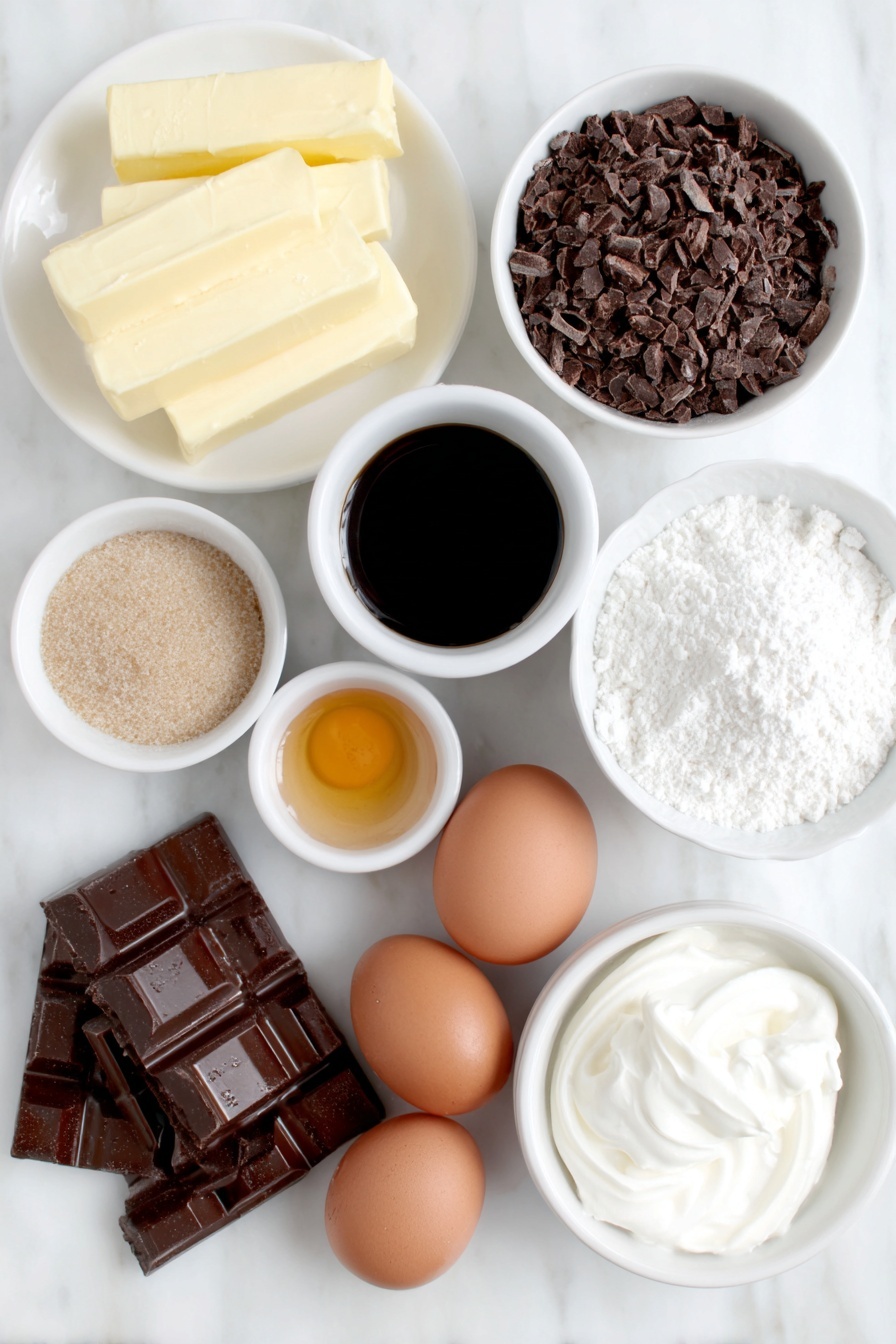 Dark Chocolate Espresso Cake without recipe, decadent chocolate cake, espresso dessert, brown butter frosting recipe, rich chocolate cake with espresso - Flat lay of unsalted butter sticks, a small white bowl of rich dark espresso coffee, a small white bowl of fine cocoa powder, roughly chopped dark chocolate bar pieces, light brown sugar piled naturally on a white ceramic plate, a small white bowl of golden bourbon vanilla extract, a small white bowl of kosher salt crystals, three whole brown eggs with clean shells, two whole egg yolks in a small white bowl, a small white bowl of all-purpose flour, a small white bowl of baking soda powder, a small white bowl of powdered sugar, and a small white bowl of cold heavy cream placed on a clean white marble surface, soft natural light, photo taken with an iPhone, professional food photography style, fresh ingredients, white ceramic bowls, no bottles, no duplicates, no utensils, no packaging --ar 2:3 --v 7 --p m7354615311229779997