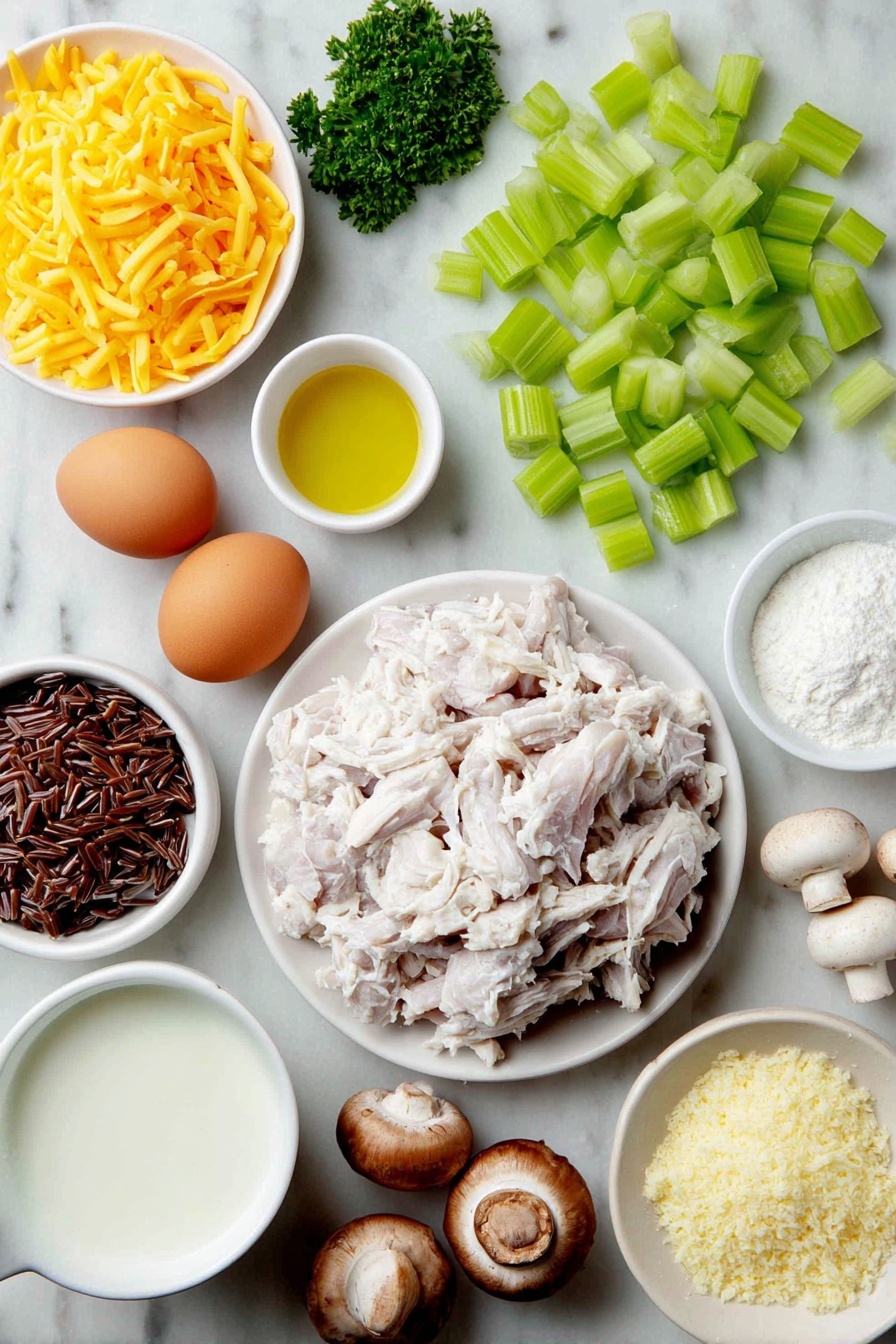 Creamy Chicken Wild Rice Casserole, hearty chicken and rice bake, easy wild rice casserole, comfort food chicken casserole, homemade creamy rice dish - Flat lay of raw chopped chicken breasts in a small pile, a small mound of cooked wild rice blend, a whole yellow onion diced into cubes, three fresh celery stalks chopped, three peeled and chopped carrots, six unpeeled garlic cloves minced, a cluster of sliced baby Bella mushrooms, two whole brown eggs with clean shells, a few sprigs of fresh parsley, a small white ceramic bowl of olive oil, a small white ceramic bowl of unsalted butter, a small white ceramic bowl of low sodium chicken broth, a small white ceramic bowl of milk, a small white ceramic bowl of cornstarch, a small white ceramic bowl of all-purpose flour, a small white ceramic bowl of freshly grated sharp cheddar cheese, a small white ceramic bowl of freshly grated Parmesan cheese, a small white ceramic bowl of panko breadcrumbs, all ingredients arranged in perfect symmetry on a clean white marble surface, soft natural light, photo taken with an iPhone, professional food photography style, fresh ingredients, white ceramic bowls, no bottles, no duplicates, no utensils, no packaging --ar 2:3 --v 7 --p m7354615311229779997