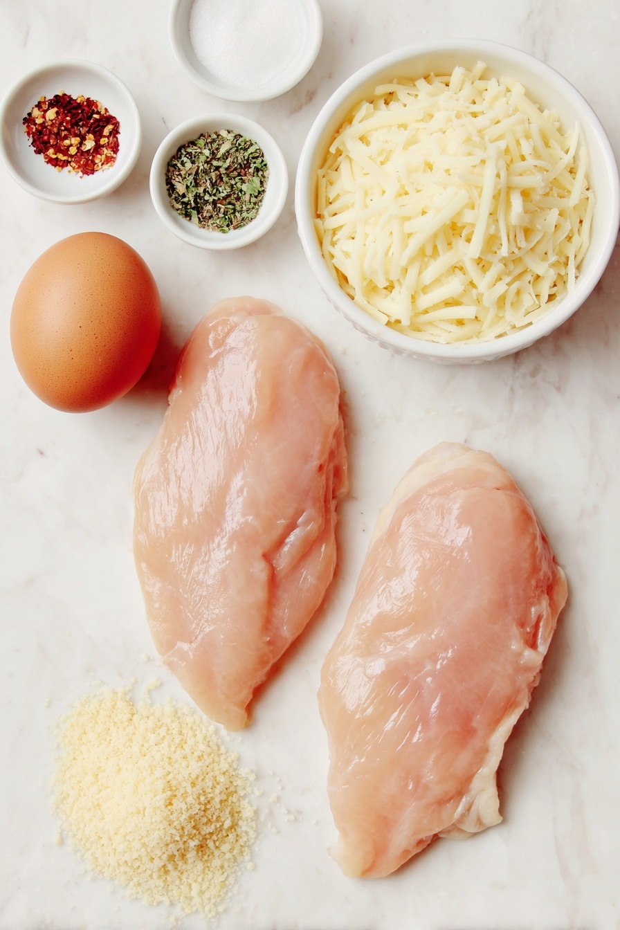 Air Fryer Parmesan Crusted Chicken, crispy chicken, easy chicken recipes, healthy chicken dinner, quick dinner ideas - Flat lay of two large raw boneless, skinless chicken breasts, a small mound of finely grated pale yellow Parmesan cheese, a small heap of golden Panko breadcrumbs, a small white bowl filled with mixed Italian seasoning herbs, a small white bowl with fine garlic powder, a small white bowl with coarse Kosher salt, a small white bowl of freshly ground black pepper, one large whole brown egg with a clean shell, all arranged symmetrically on a clean white marble surface, soft natural light, photo taken with an iPhone, professional food photography style, fresh ingredients, white ceramic bowls, no bottles, no duplicates, no utensils, no packaging --ar 2:3 --v 7 --p m7354615311229779997