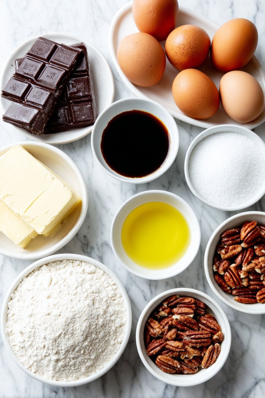 Gooey Pecan Pie Brownies, decadant brownie dessert, nutty chocolate bars, easy pecan brownie recipe, fudgy pecan pie brownies - Flat lay of whole uncracked brown eggs, a small pile of glossy dark chocolate chunks, a few sticks of unsalted butter, a small white bowl of granulated sugar, a small white bowl with dark brown instant coffee dissolved in water, a small heap of sifted all-purpose flour, a small mound of sifted Dutch processed cocoa powder, a small white bowl of maple syrup, a small white bowl of light brown sugar, a small white bowl of melted butter, a small white bowl with golden vanilla extract, toasted pecan halves and pieces scattered naturally, all arranged with perfect symmetry on simple white ceramic bowls and dishes, placed on a clean white marble surface, soft natural light, photo taken with an iPhone, professional food photography style, fresh ingredients, white ceramic bowls, no bottles, no duplicates, no utensils, no packaging --ar 2:3 --v 7 --p m7354615311229779997