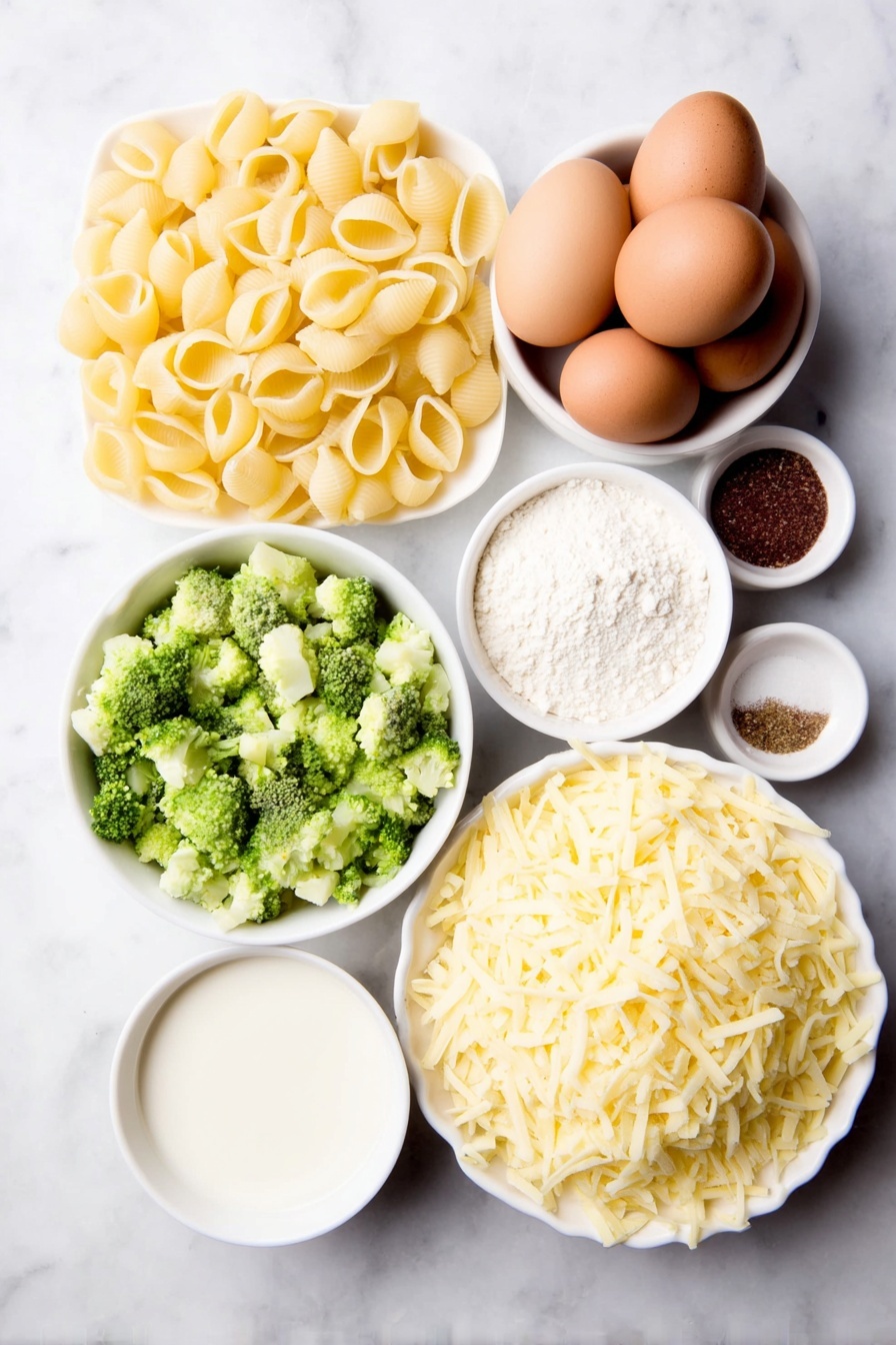 Baked Broccoli Mac and Cheese, cheesy baked pasta with broccoli, healthy broccoli mac and cheese, easy baked mac and cheese, creamy broccoli pasta bake - Flat lay of medium shell pasta, bright green diced fresh broccoli florets, four tablespoons of golden salted butter, a small white bowl of fine white flour, a small white bowl of whole milk, whole uncracked brown eggs, a small white bowl of kosher salt crystals, a small white bowl of ground black pepper, a small white bowl of garlic powder, a small white bowl holding a pinch of ground nutmeg, a small white bowl heaped with shredded sharp cheddar cheese, and a small white bowl filled with golden seasoned panko bread crumbs, all arranged in perfect symmetry on a clean white marble surface, soft natural light, photo taken with an iPhone, professional food photography style, fresh ingredients, white ceramic bowls, no bottles, no duplicates, no utensils, no packaging --ar 2:3 --v 7 --p m7354615311229779997